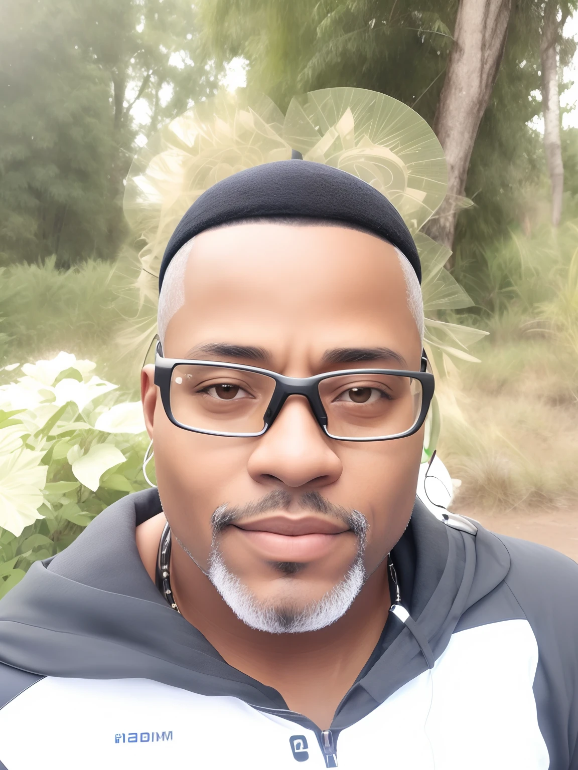There's a man with a hat and glasses on his head, with robotic parts on his face, ao sol, foto do perfil, portrait of a digital shaman, taken in the early 2020s, Retrato 4 / 3, Album art, Cedric Payravernay, Emmanuel Shiru, Retrato do perfil, futuristic ar glasses, goggles on forehead