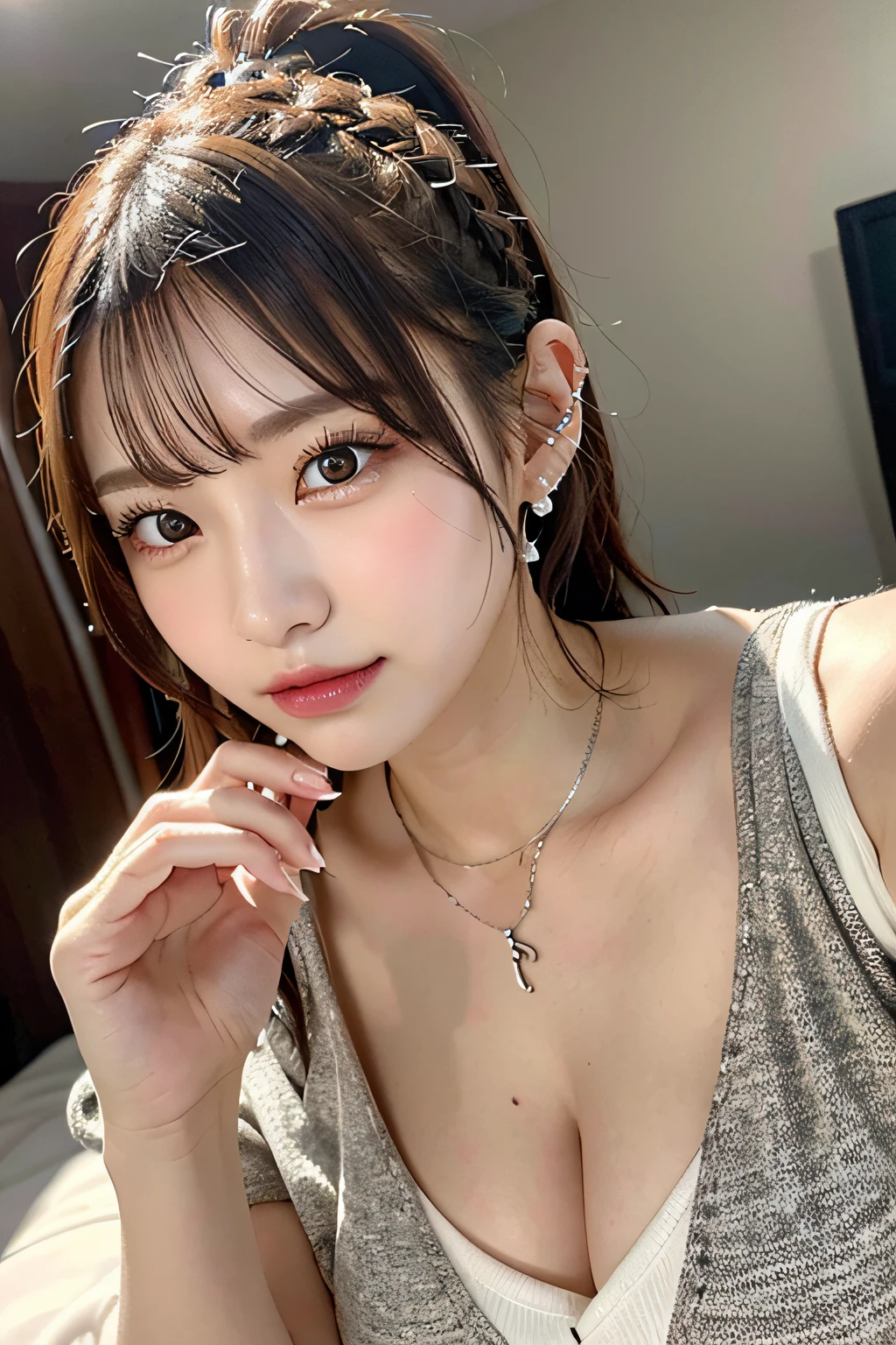 ((top-quality、8k、masterpiece:1.3))、1 korean girl in、Beautiful woman emphasizing slender abs:1.3、(random hair styles:1.2)、cleavage of the breast、fit shinny white satin shirt blouse collar、Super detailed face、detailedeyes、二重まぶた、mideum breasts、large earring、Armpit