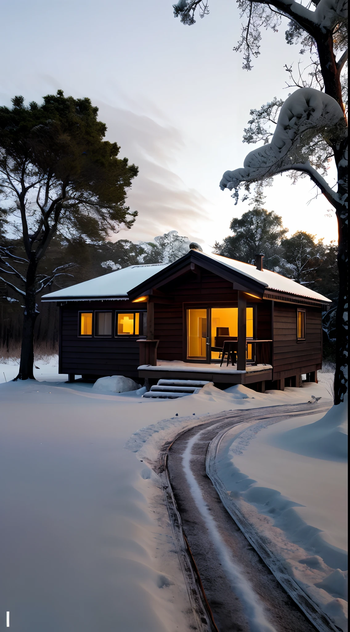 Arafed hut in the forest with snow on the ground, Casa na floresta, Cabana na Mata, Casa de campo na floresta, solitary cottage in the woods, aninhado em uma floresta, Casa de campo na floresta, in a snowy forest setting, Casa na Madeira, A pequena casa na floresta, A casa na floresta, Photograph of a sunset over a lake with birds and trees (good composition), (em moldura), centralizado, 8k, 4k, detalhado, atraente, bonito, impressionante, fotorrealista, realista, cinematic  composition, volumeric lighting, high-resolution, vivid, detalhado, deslumbrante, profissional, realista, clear, Impeccable, DSLR, 4k, 8k, 16k, 1024, 2048, 4096, detalhado, clear, de melhor qualidade, de alta qualidade, highres, absurdres