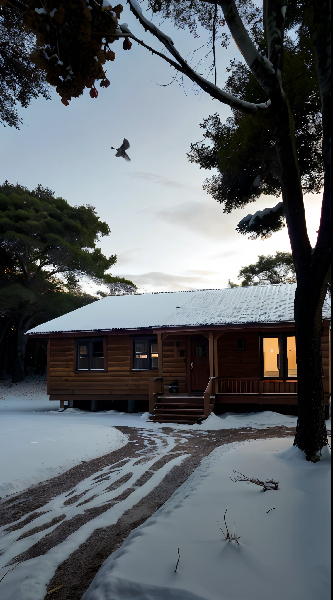 Arafed hut in the forest with snow on the ground, Casa na floresta, Cabana na Mata, Casa de campo na floresta, solitary cottage in the woods, aninhado em uma floresta, Casa de campo na floresta, in a snowy forest setting, Casa na Madeira, A pequena casa na floresta, A casa na floresta, Photograph of a sunset over a lake with birds and trees (good composition), (em moldura), centralizado, 8k, 4k, detalhado, atraente, bonito, impressionante, fotorrealista, realista, cinematic composition, volumeric lighting, high-resolution, vivid, detalhado, deslumbrante, profissional, realista, clear, Impeccable, DSLR, 4k, 8k, 16k, 1024, 2048, 4096, detalhado, clear, de melhor qualidade, de alta qualidade, highres, absurdres