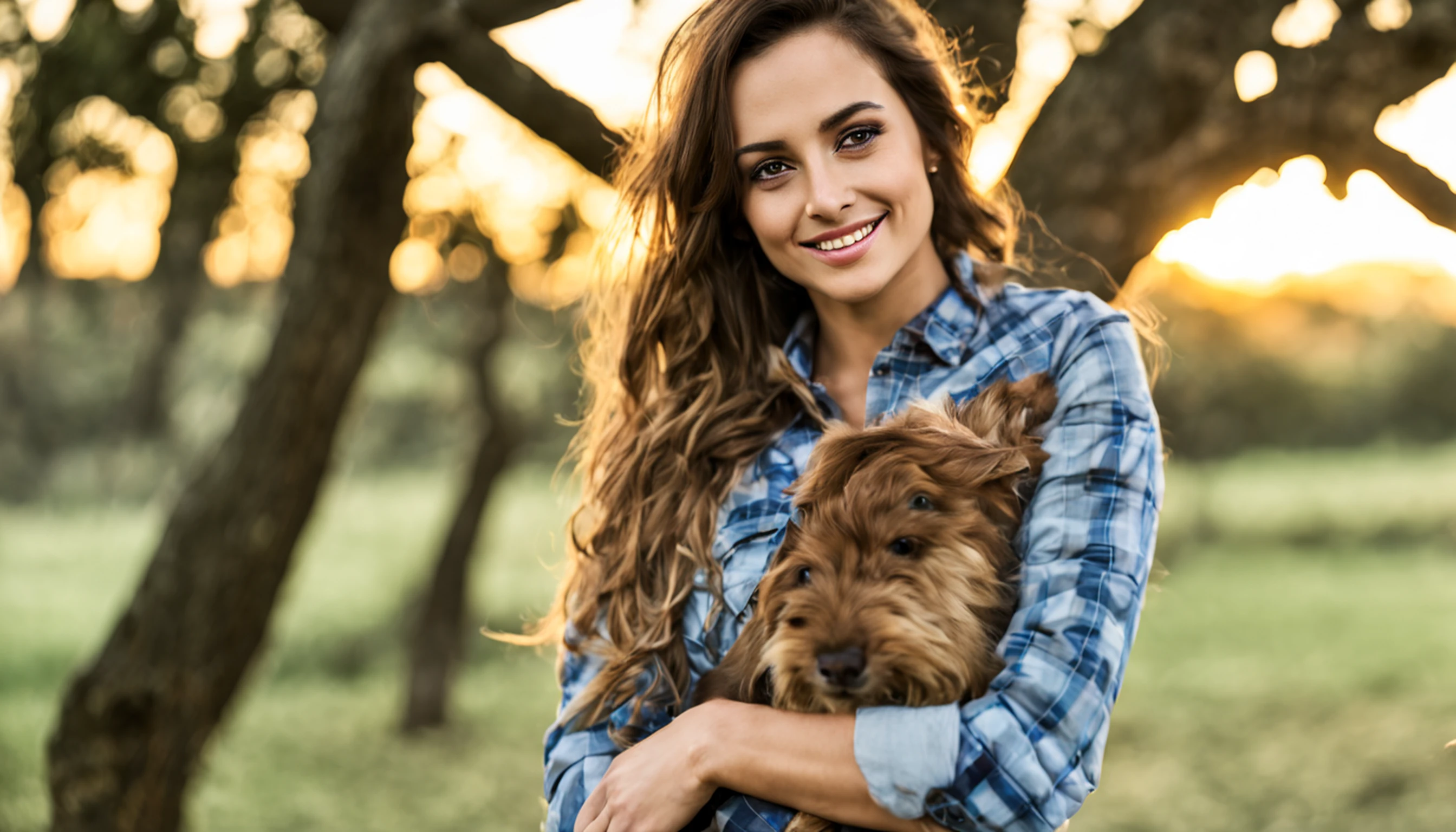 menina da aldeia, plano de fundo do campo, cabelos castanhos claros, rabo-de-cavalo, Sunset, fundo do animal da fazenda, Tarde, beautiful face, olhos negros, camisa quadriculada estampada, camisa xadrez vermelha e branca,jeans marrom, luvas marrons, pele branca, Resting in a tree, leaning against a tree, rosto atordoado, beleza natural