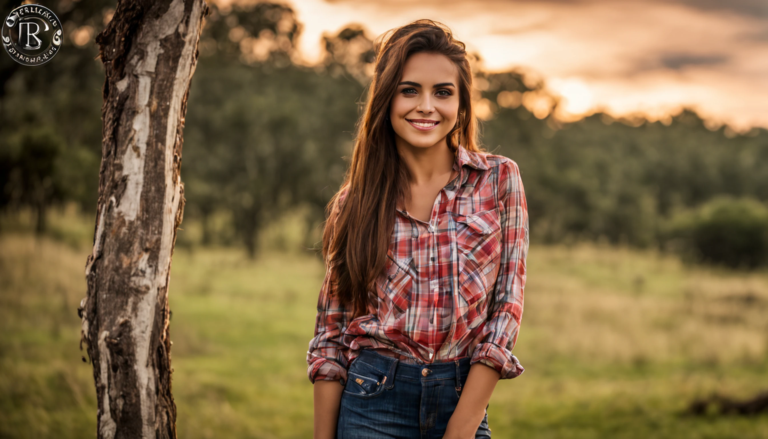da aldeia, plano de fundo do campo, cabelos castanhos claros, rabo-de-cavalo, Sunset, fundo do animal da fazenda, Tarde, beautiful face, olhos negros, camisa quadriculada estampada, camisa xadrez vermelha e branca,jeans marrom, luvas marrons, pele branca, Resting in a tree, leaning against a tree, rosto atordoado, beleza natural