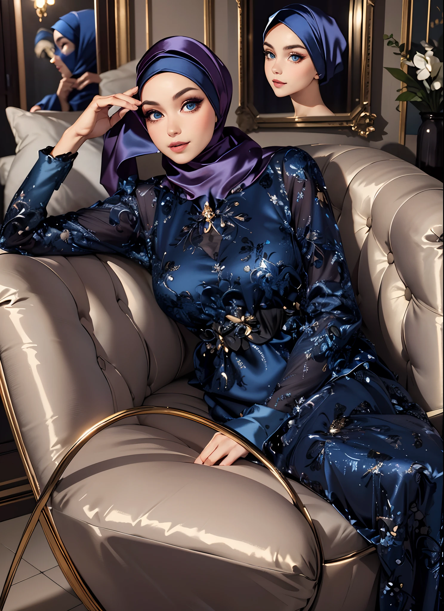 Masterpiece, realistic, best quality, best lighting, 1 girl photo solo, beautifully makeup, eyeshadow, Parted Lips, Detailed Eyes, beautiful big eyes, long eye lashes, smile, wearing ((Dark blue satin headscarf)), loosely tide hijab style, ((Taupe satin shirt)), satin long skirt,