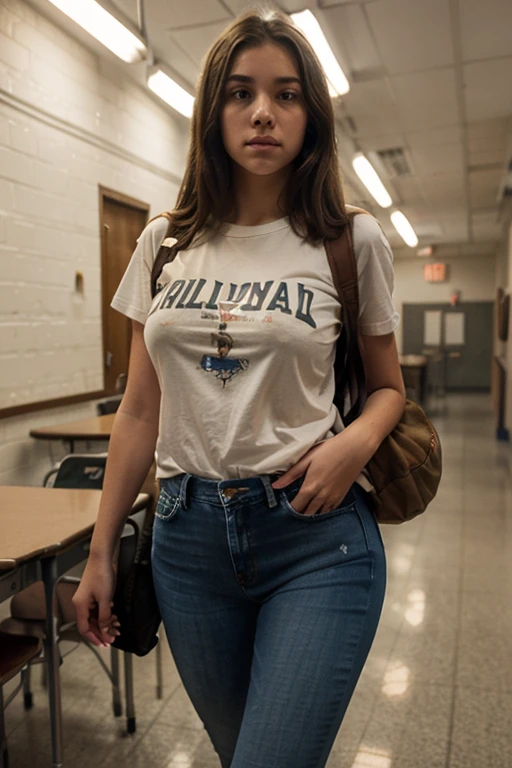 picture of a high school senior walking in a school hallway, (wearing a t-shirt and jeans and a backpack), (top holland face), girlish hourglass figure, (tom holland face), (high school hall background), natural breasts, busty, [detailed texture], [dramatic cinematic lighting]