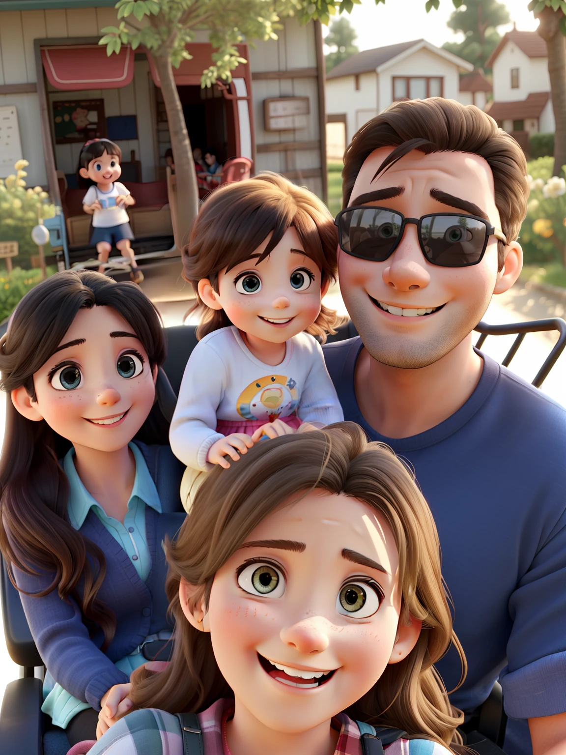 A happy family on a ride. The mother in front, The father with the baby girl and a teenage girl behind.