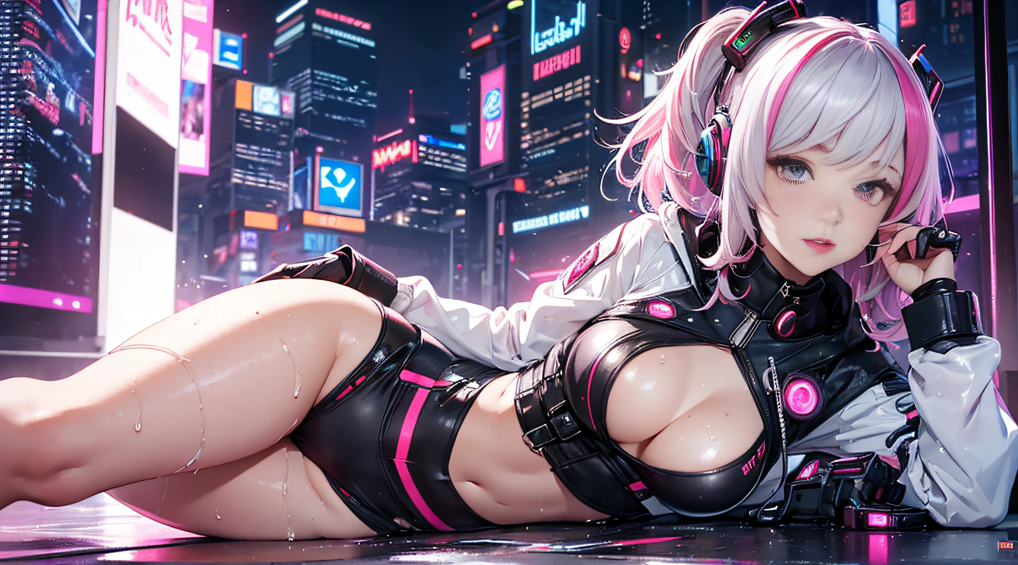Lucy \(cyberpunk\), 1girl, crunchie hair, Hime cut, silver hair, colored tips, full moon, gray eyes, jacket, long sleeves, looking at the viewer, ahegao, ahego, medium hair, multicolored hair, fringe separated, lips parted, pink hair, portrait, red eyeliner, red lips, solo, open white jacket (no bra) (small and beautiful hard nipple), cyberpunk \(series\), rainy night in a cyberpunk city with bright neon lights,  (8k, RAW photo, highest quality, masterpiece: 1.2), (realistic, photorealistic: 1.37), micro bikini, protruding areola, clearly visible pubic shape, pubic hair, bristles on the lower abdomen, (wet panties)), ((lying down and legs spread to show the audience ultra HD clear wet details)), [narrow hips], cinematic lighting with quality and detail