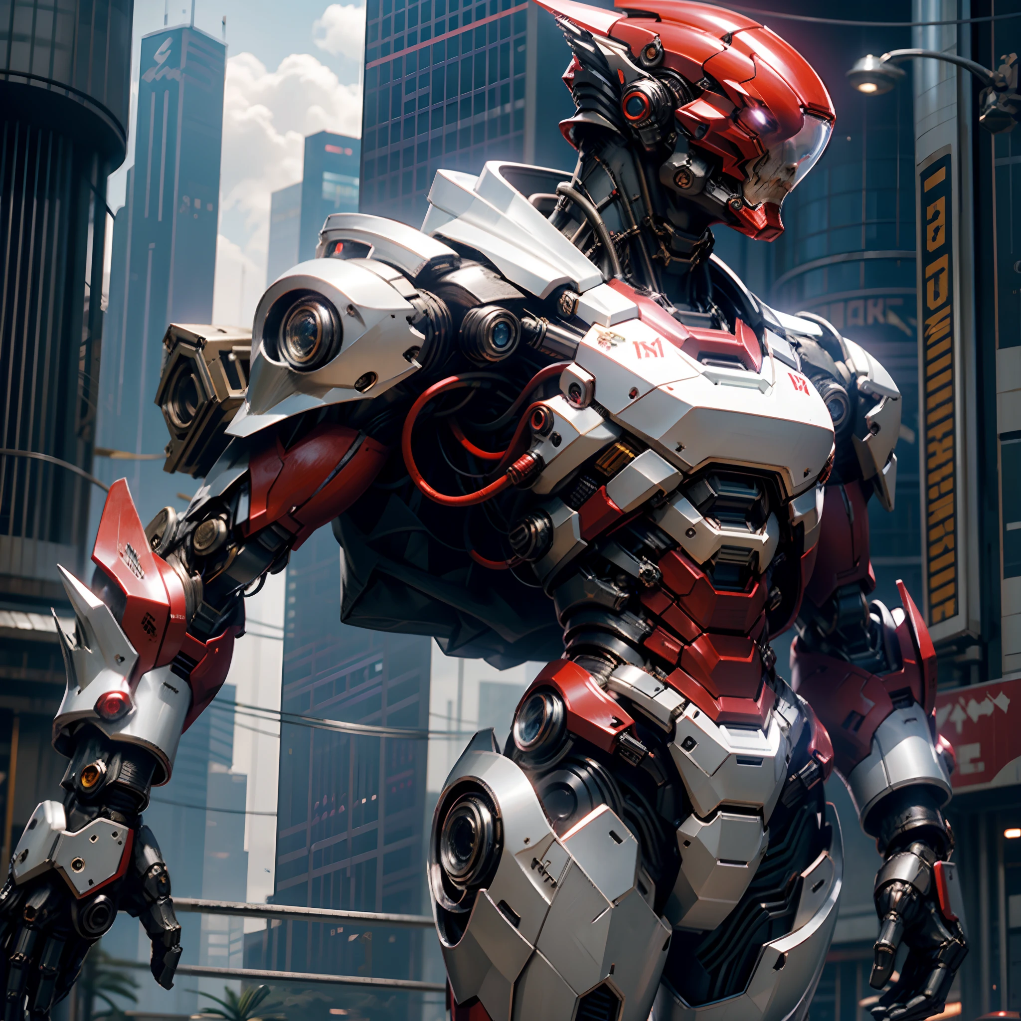 fantasia sombria, Cyberpunk, mechanical marvel, Branco-Vermelho: 1.1, Mecha, armadura mix do homem de ferro da marvel e halo's masterchief na cord amarela, desgastado pelas batalhas