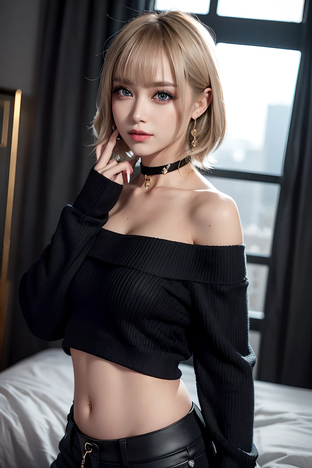 Masterpiece, 32K UHD, award-winning photos, extremely detailed, amazing, fine detail, ridiculous, the most beautiful and sexy Japanese girl, highly detailed, smiling girl, short hair, gold hair,glowing blue eyes, 
BREAK (black theme:1.4), (black sweater:1.4), (long-sleeve:1.3), ((off shoulder, navel, stomach):1.3),
BREAK (black theme:1.3), ((black oversized pants, black baggy pants):1.3), (black choker:1.2), (earrings:1.2), (lace-up boots:1.1), extremely detailed eyes and face, glare eyes, Drooping eyes, Sneer Natural makeup, cleavage showing,at a shopping mall, highly detailed background, photography 4 Kodak Portra 400 camera F1. 6 colorful lenses, ultra-realistic textures, dramatic lighting IrrealEngine ArtStation Cinestill 800 tungsten light on trends, perfect masterpiece, best quality, best resolution  Best quality, masterpiece, ultra high res, (photorealistic:1.4), raw photo, 1girl,