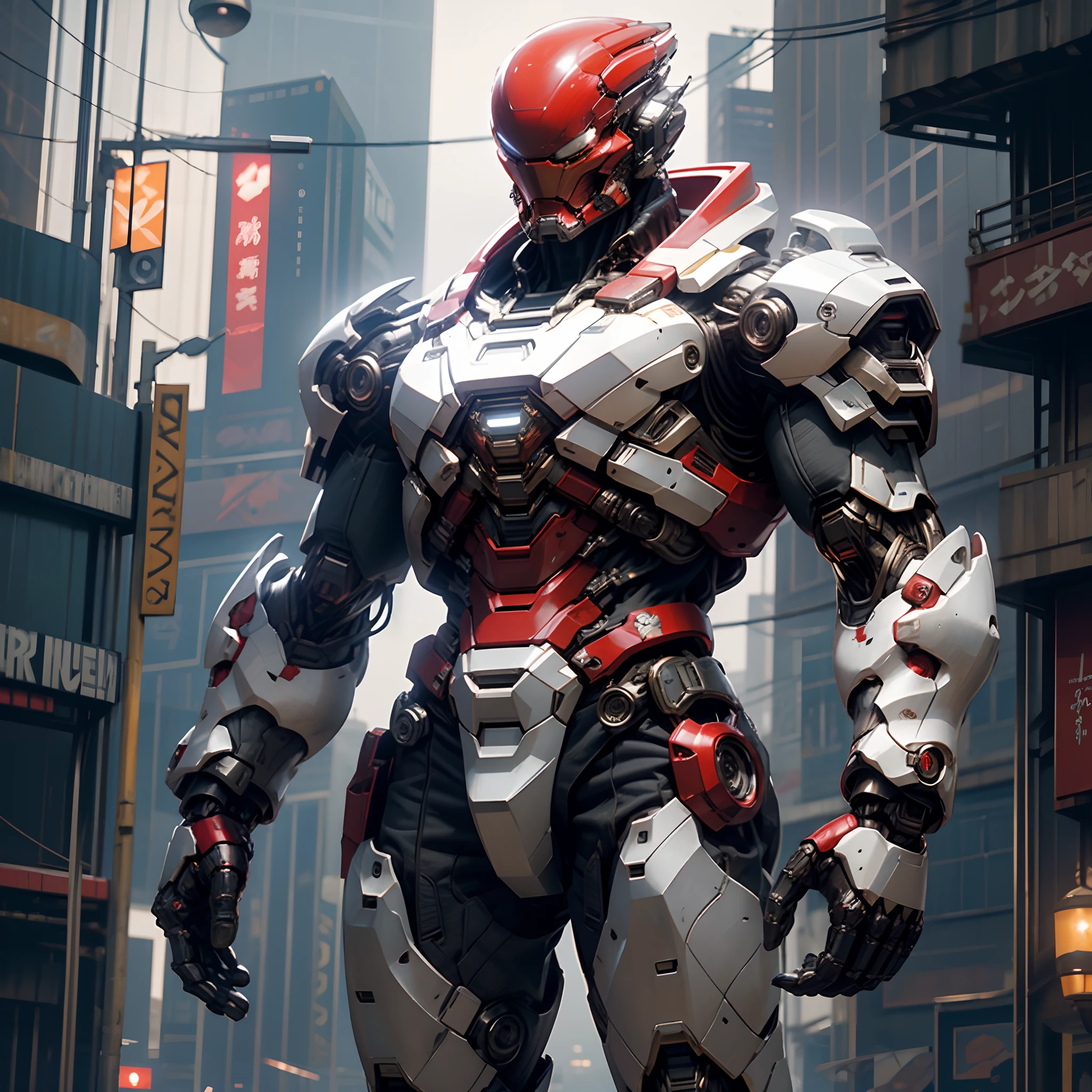 fantasia sombria, Cyberpunk, mechanical marvel, Branco-Vermelho: 1.1, Mecha,armadura mix do homem de ferro da marvel e halo's masterchief na cord amarela, desgastado pelas batalhas