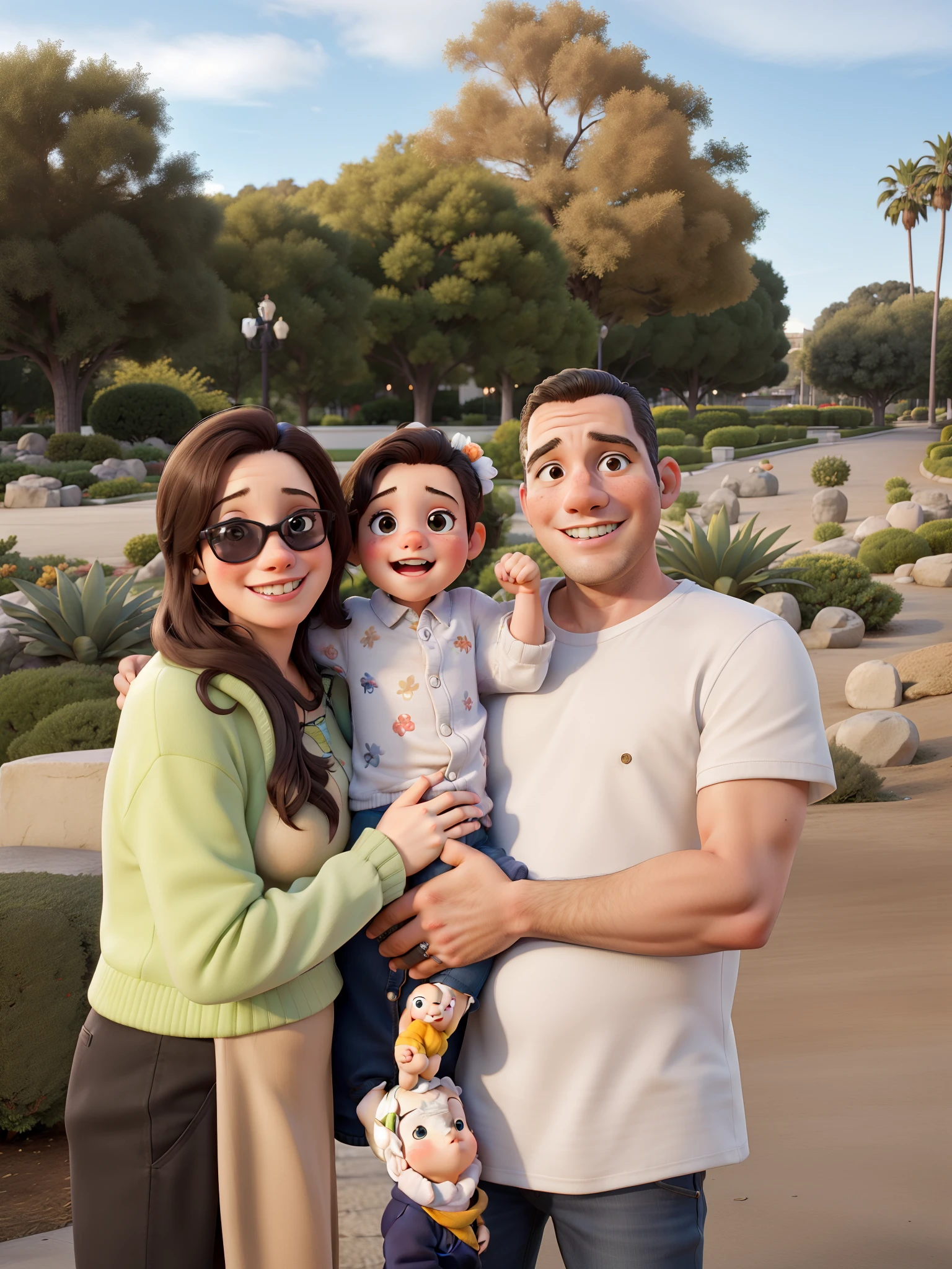 Best quality family photo masterpiece, mami, 2--old father, posando para foto no monumento de Beverly Hills placa