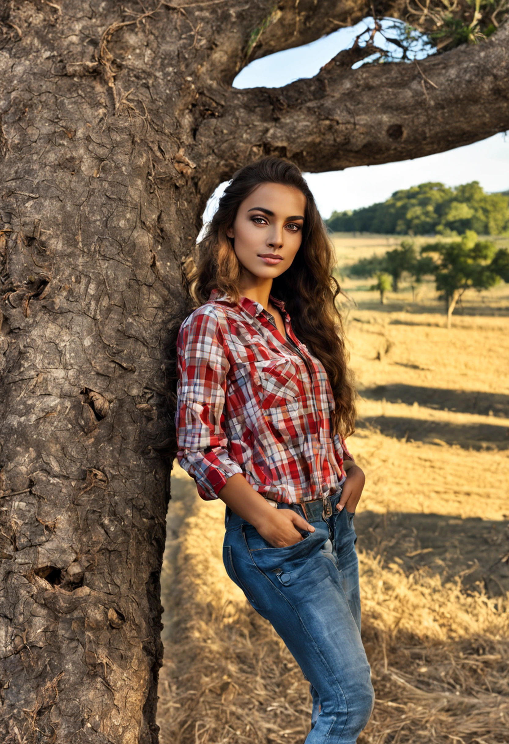 ****** da aldeia, plano de fundo do campo, cabelos castanhos claros, rabo-de-cavalo, Sunset, fundo do animal da fazenda, Tarde, beautiful face, olhos negros, camisa quadriculada estampada, camisa xadrez vermelha e branca,jeans marrom, luvas marrons, pele branca, Resting in a tree, leaning against a tree, rosto atordoado, beleza natural