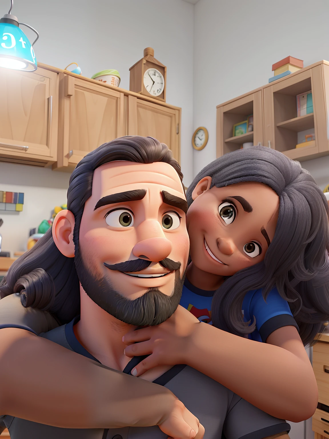 Homem 26 anos com barba ao lado se sua esposa negra de cabelos cacheados, mulher sorrindo, em uma cozinha