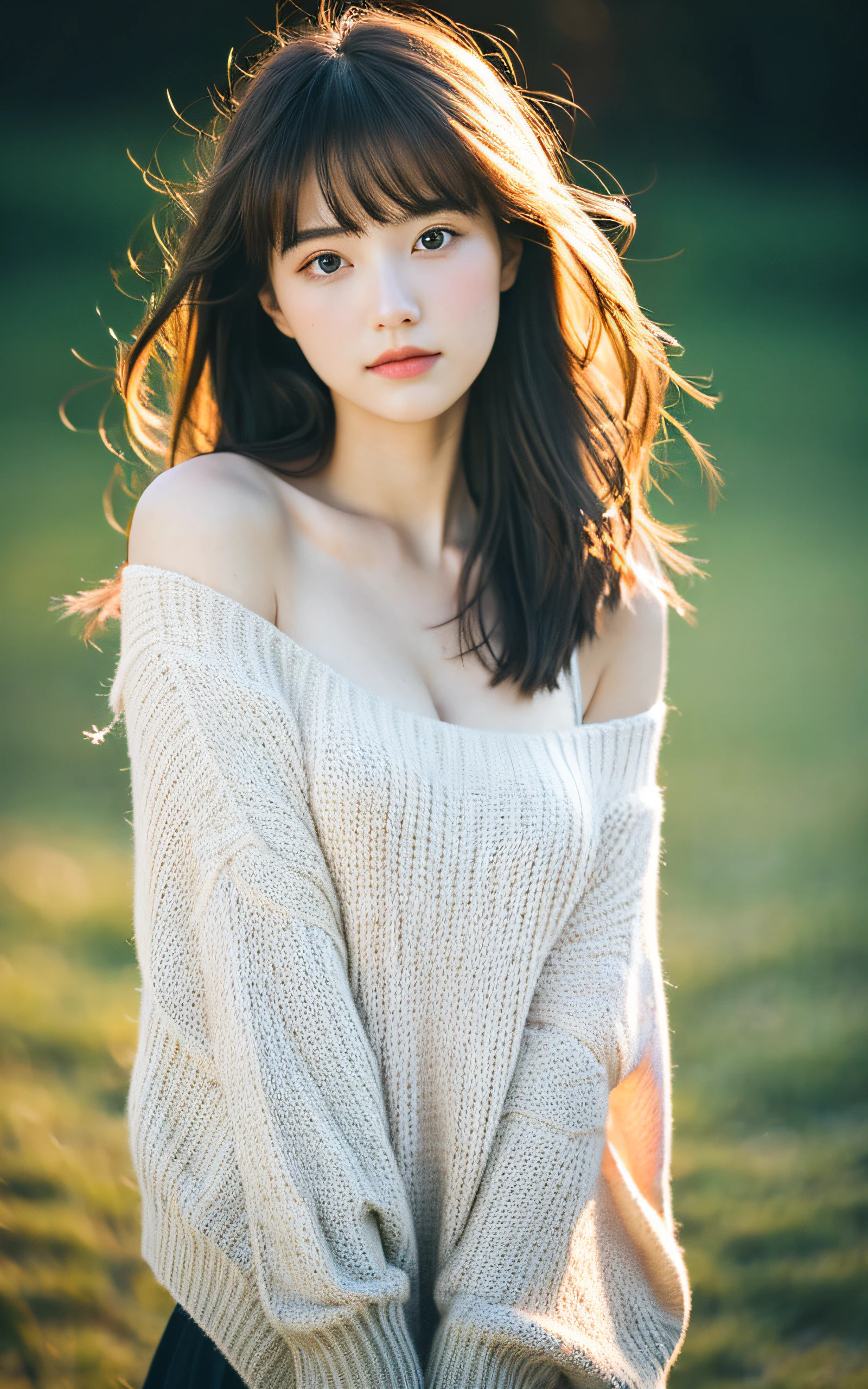 masterpiece, Best Quality, 8K, 20 yo, Large breast, Raw photo, Professional Photography, Portrait, Soft light, Professional Lighting, Back lighting, Solo, sad, close up, Cute, Girly, Delicate girl, Neat and clean beauty, Upper body, Looking away, Sophisticated, Film grain, (Eyes and faces with detailed:1.0), Medium length hair swaying in the wind, sweater