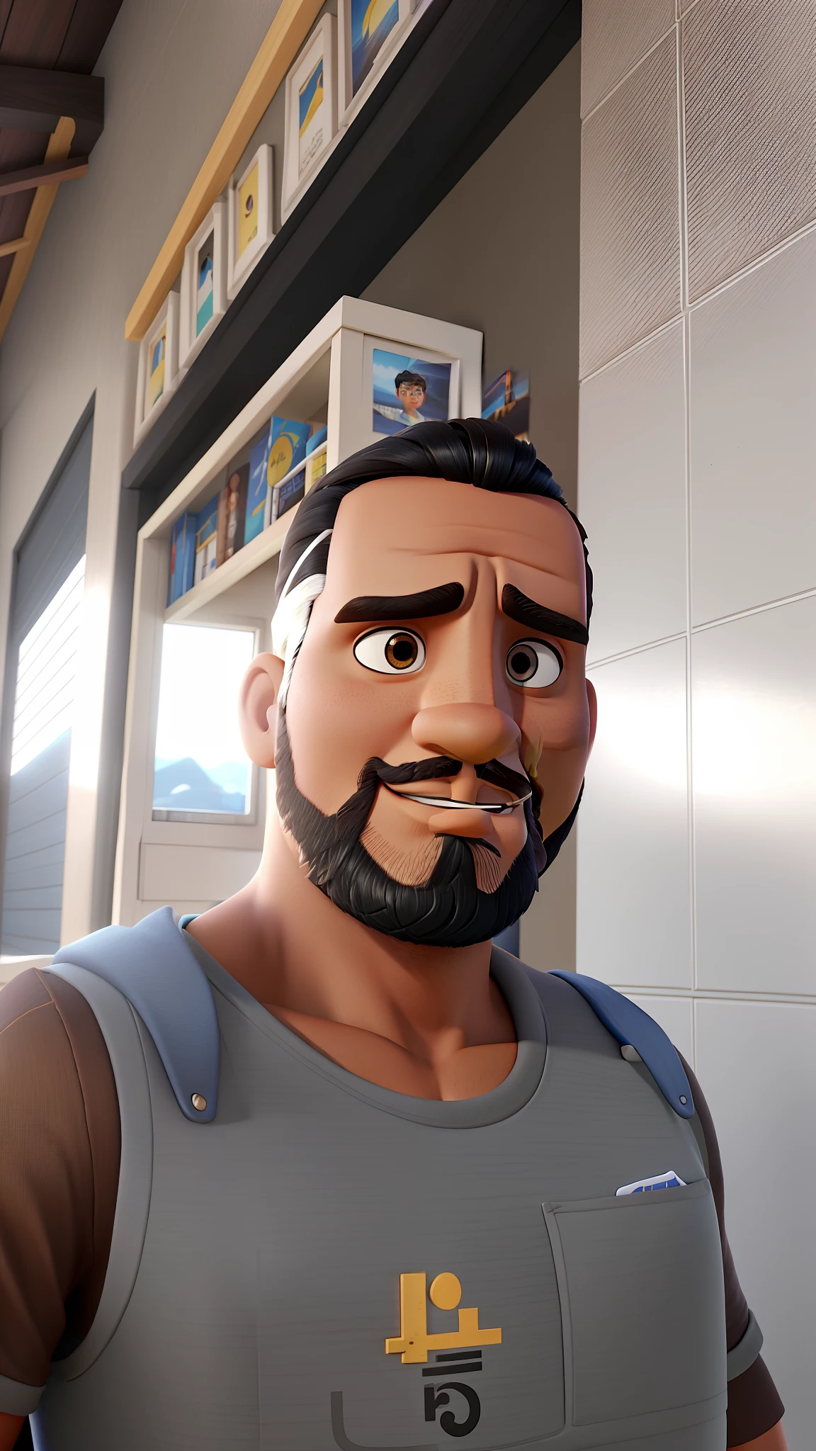 Homem branco cabelo preto curto, cavanhaque preto, olhos castanhos, Home Scenery, estilo mundo pixar, alta qualidade, 3D 4K