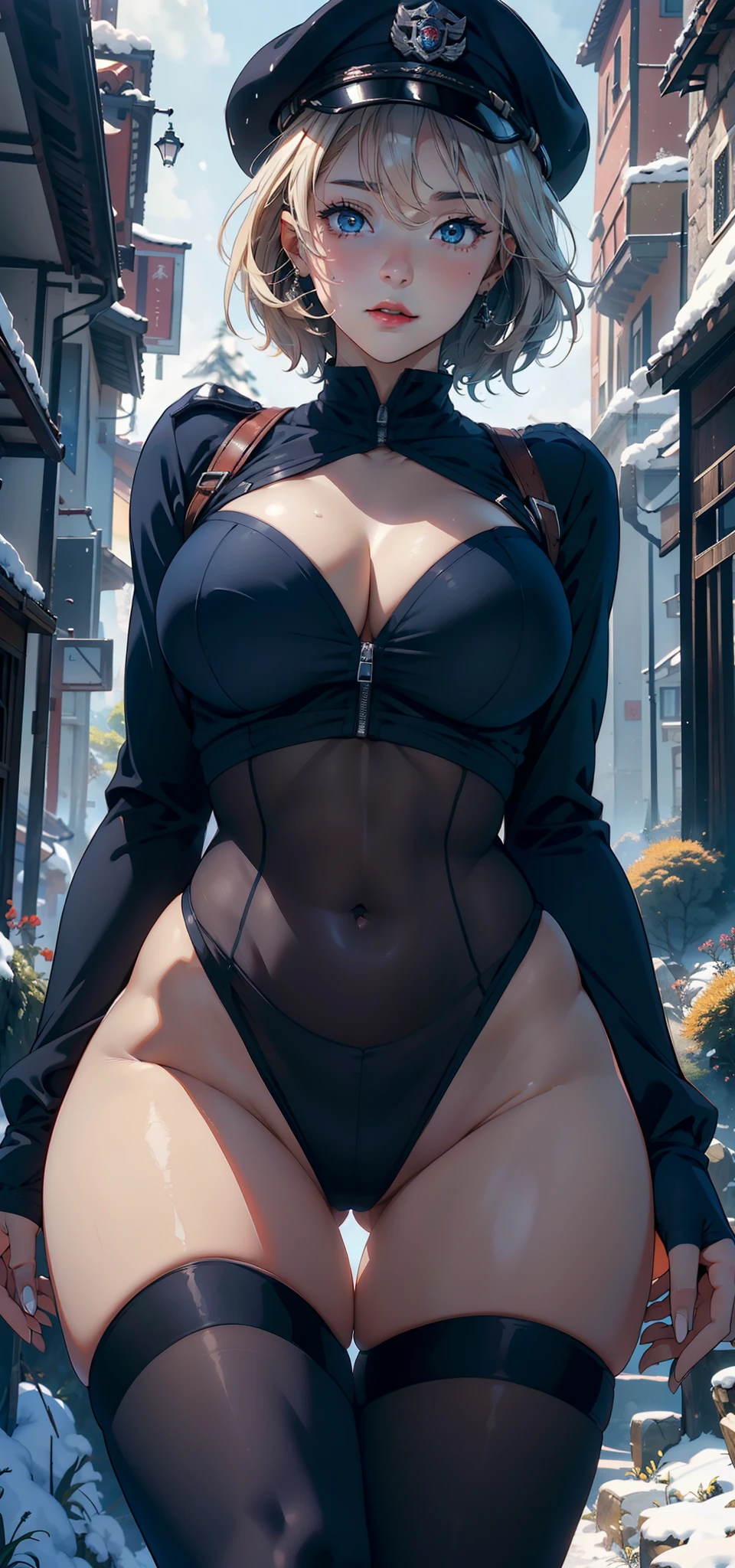 1female，35yo，plumw，extremely large bosom， 独奏，（Background with：ln the forest，Forest path，Deep in the forest，No man's land，）standing on top of a mountain， She has short blonde hair，standing on your feet，Bundled，seen from the front， bobo head， mostly cloudy sky，（（（tmasterpiece），（Very detailed CG unity 8K wallpaper），best qualtiy，cinmatic lighting，detailed back ground，beatiful detailed eyes，Bright pupils，Blue eyes，Snow-whiteskin，Redlip（Very fine and beautiful），（Beautiful and detailed eye description），ultra - detailed，tmasterpiece，））facing at camera，A high resolution，ultra - detailed），revealing breasts，Bare genitalia，  Bulge，legs are open，Raised sexy，Camel toes，Flushed complexion，Desire for dissatisfaction，frontage，Italy，police officers，police hat，Dark blue police uniform，Black tights，