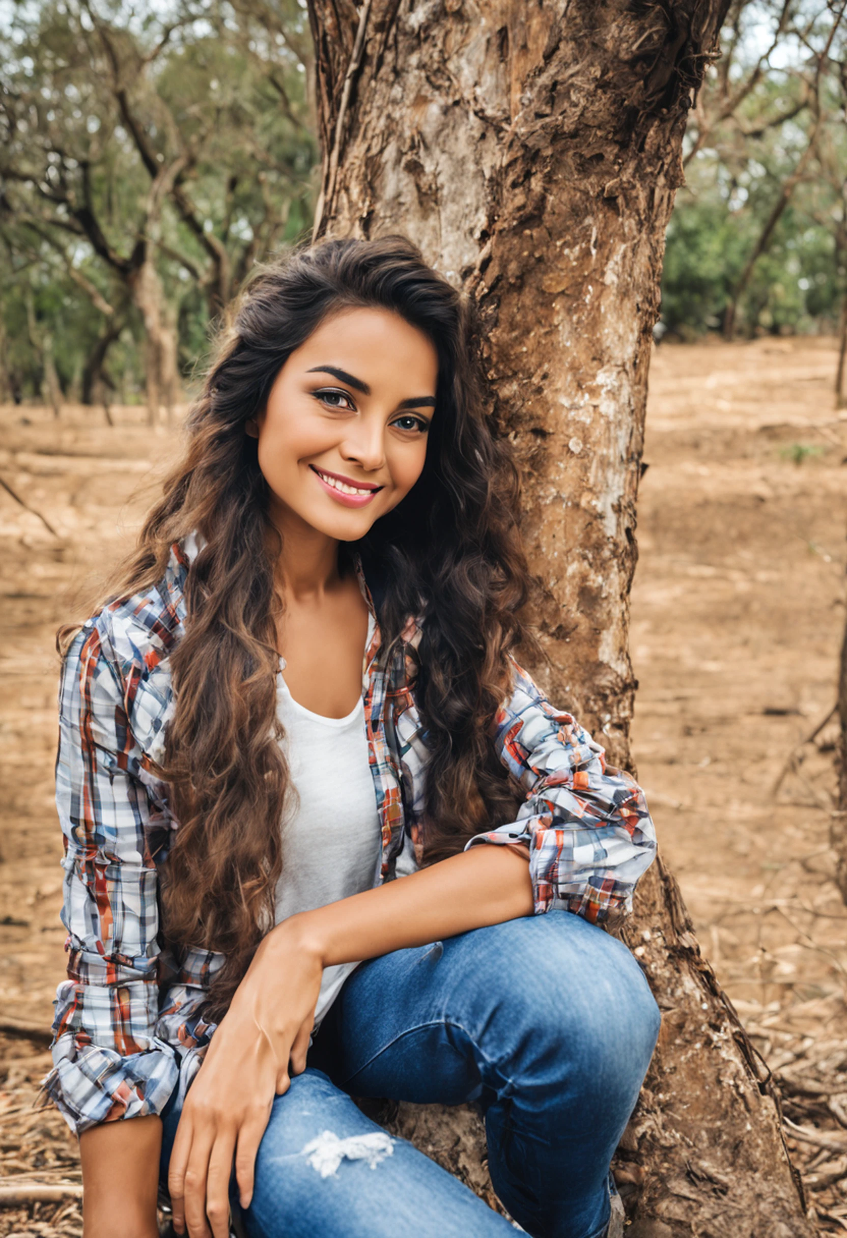 menina da aldeia, plano de fundo do campo, cabelos castanhos claros, rabo-de-cavalo, Sunset, fundo do animal da fazenda, Tarde, beautiful face, olhos negros, camisa quadriculada estampada, camisa xadrez vermelha e branca,jeans marrom, luvas marrons, pele branca, Resting in a tree, leaning against a tree, rosto atordoado, beleza natural