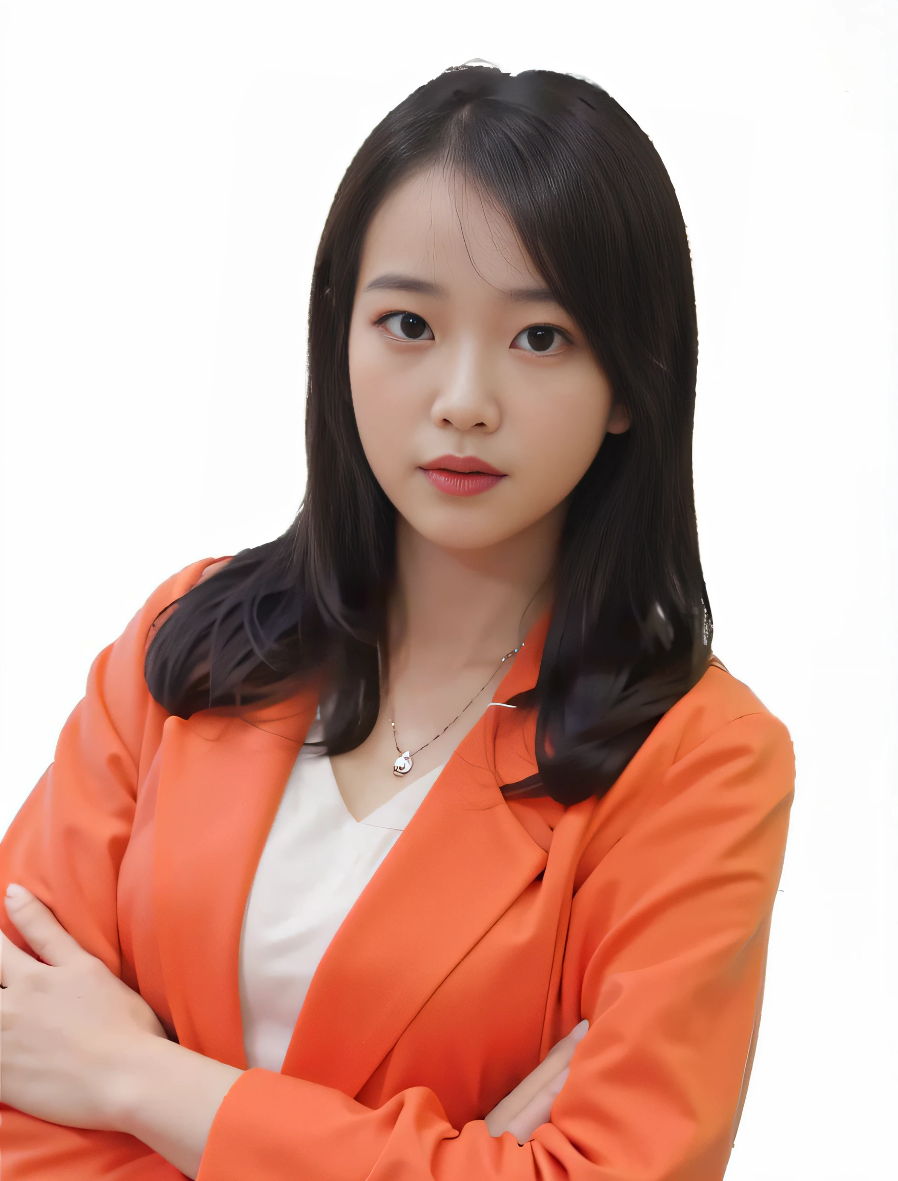 there is a woman in an orange jacket posing for a picture, mai anh tran, professional profile picture, nivanh chanthara, dang my linh, hoang long ly, professional profile photo, xintong chen, profile image, wenfei ye, professional picture, louise zhang, xision wu, headshot profile picture, yun ling, photo portrait