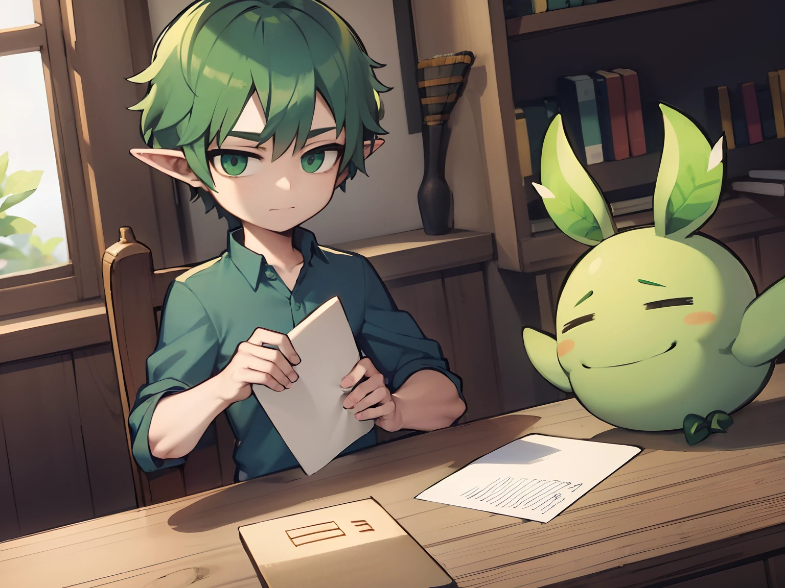 Green Head, A boy, wing, elf, tenon, Holding a piece of paper, brush