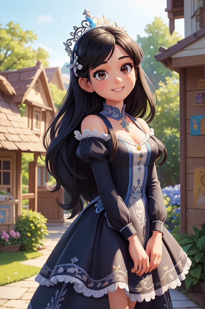 (masterpiece, best quality, ultra detailed), (high detail, hyper detailed), Beautiful 25 year old girl in an amusement park, happy, adult woman body, small breasts, provocative body, black hair, long straight hair slightly disheveled at the end, dressed like a Disney princess, black dress with blue details, silver crown, detailed face, clear focus, in a beautiful garden, blue sky, many flowers (clutter - house: 0.8), (masterpiece: 1.2) (Realistic: 1.2) (Bokeh) (Best Quality) (Detailed Look: 1.3) (Intricate Details) (8K) (Eye Detail) (Sharp Focus), (Happy),