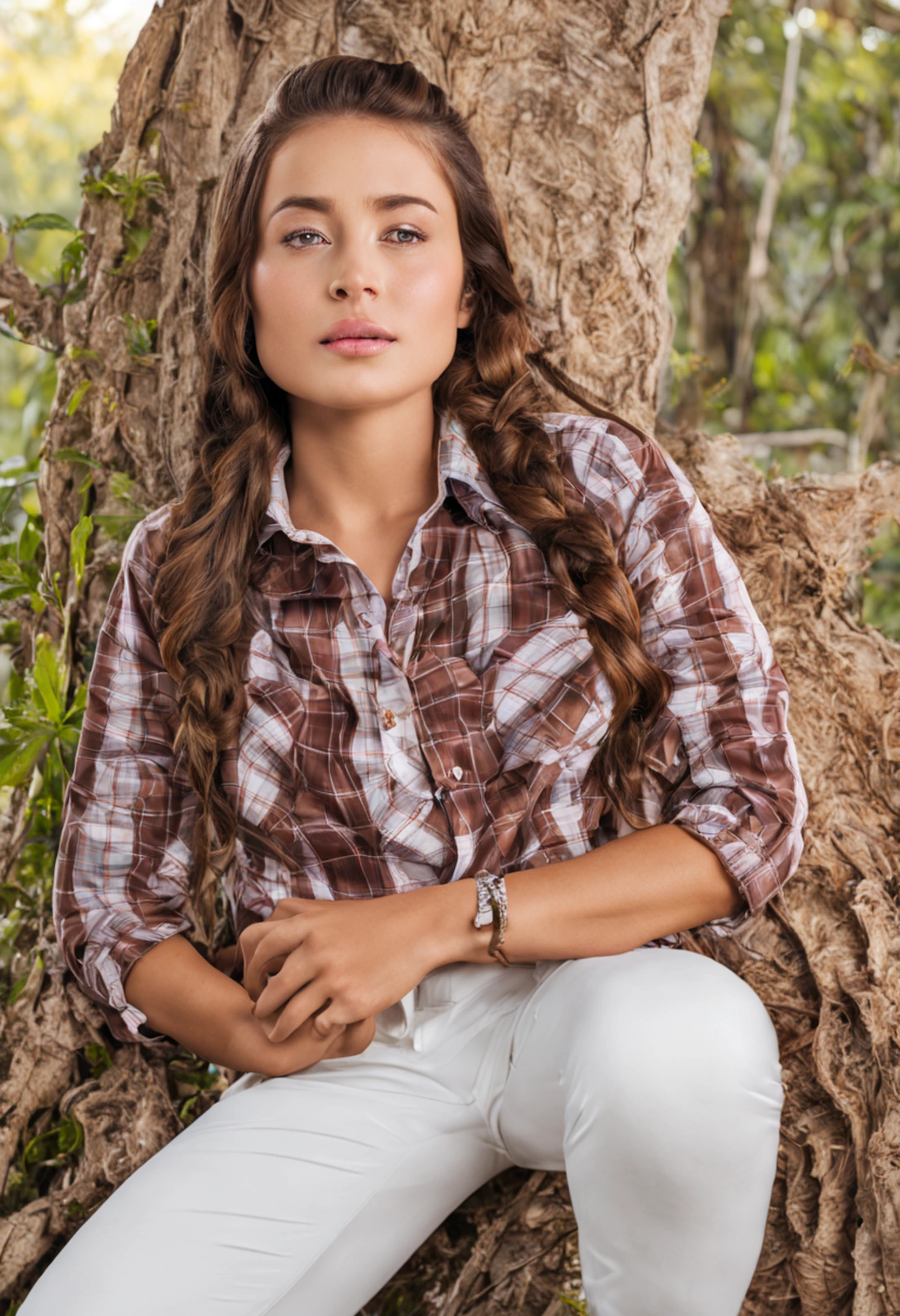 menina da aldeia, plano de fundo do campo, cabelos castanhos claros, rabo-de-cavalo, Sunset, fundo do animal da fazenda, Tarde, beautiful face, olhos negros, camisa quadriculada estampada, camisa xadrez vermelha e branca,jeans marrom, luvas marrons, pele branca, Resting in a tree, leaning against a tree, rosto atordoado, beleza natural