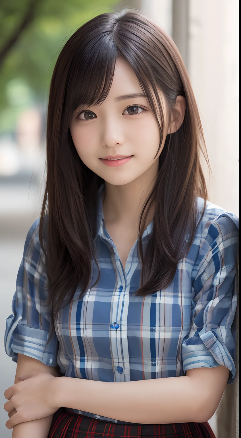 Smile、natta、RAW photography、(((The ultimate beauty portrait)))、((glistning skin))、1 rapariga、 beautiful girl in Prague、bright expression、((A brown-haired))、(Plaid pleated skirt:1.5)、((Big eyes that sparkle like gems))、pantihose、Glossy glossy skin、(Medium hair)、(Silky ponytail hair)、(It's standing)、(from below)、eyes liner、beautiful bangs、Hair between the eyes、((tmasterpiece、top-quality、ultra - detailed、Film light、intricately details、A high resolution、The is very detailed))、细致背景、8KUHD、Digital SLR、Soft light、high high quality、filmgrain、富士XT3 、Shallow depth of field、Natural soft light、Kamimei、Lush bust