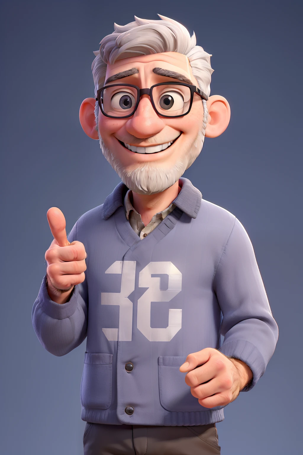 35-year-old man with slightly gray hair, detailed smiling happily with glasses, beard, American white skin, detailed, blouse and jacket, man referring to November Blue, both thumbs up, informing positivity