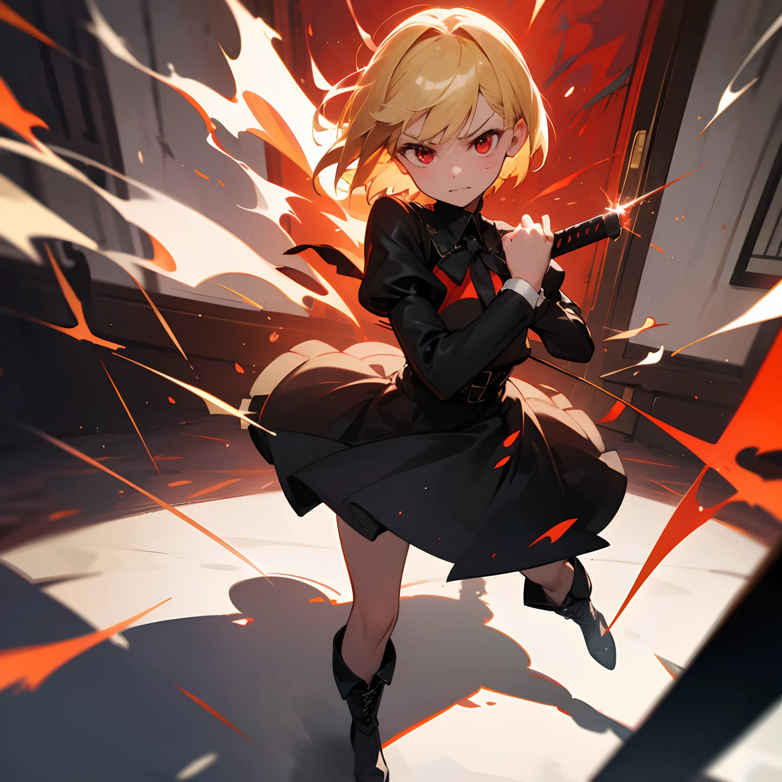 Perfect Detail,8K image quality,1 little girl, In front of the iron door,Holding a dagger(On both hands),Blonde short hair, Jubilant face,perfect hand,better shadows, Better light, Improved facial detail, Red Eyes, Black airy blouse, blitzkrieg, Leather boots.active movement,Red sparks,emotive(saddened)