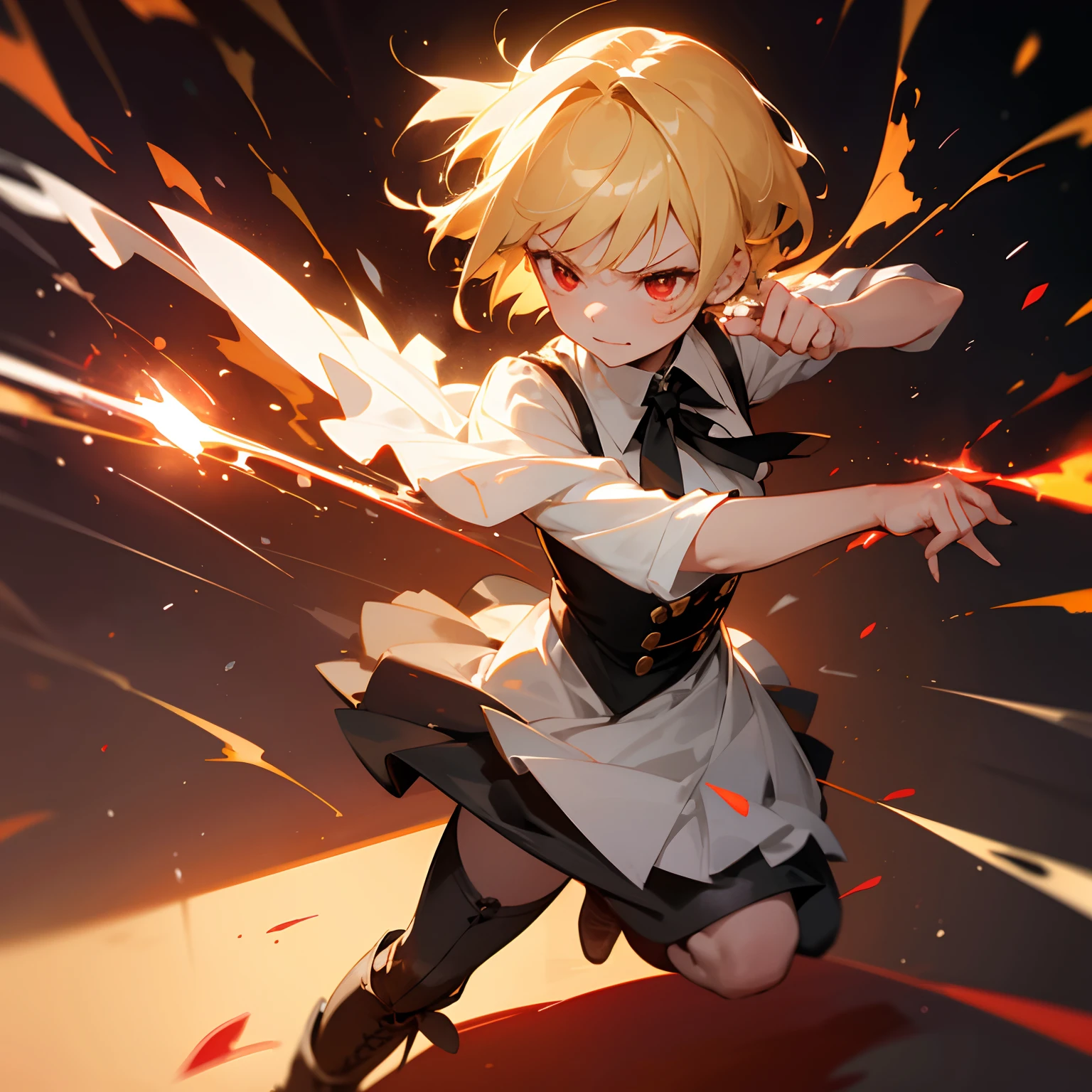 Perfect Detail,8K image quality,1 little girl, In front of the iron door,Holding a dagger(On both hands),Blonde short hair, Jubilant face,perfect hand,better shadows, Better light, Improved facial detail, Red Eyes, Black airy blouse, blitzkrieg, Leather boots.active movement,Red sparks,emotive(saddened)