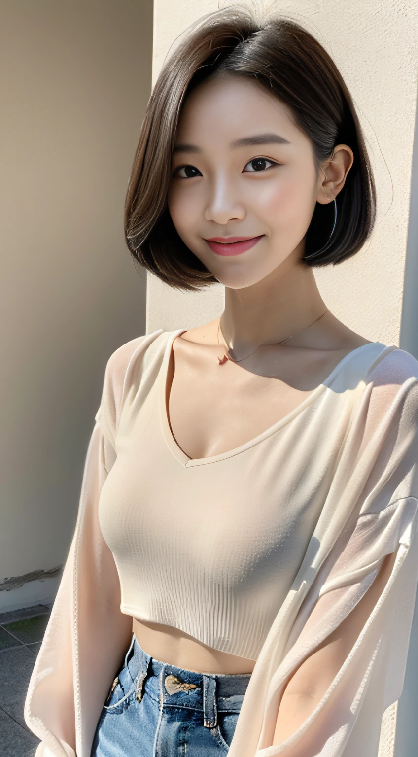 ((Top Quality, 8K, masterpiece: 1.3)), 1woman, 20yo, Korean female idols: 1.5, Slender abs beauty: 1.3, (Hairstyle casual, large full breasts: 1.1), S-line body, Full Makeup: 1.1, casual:1.3, Ultra-fine face, A detailed eye, Double eyelidd, Sorrisos, Location Random: 1:2