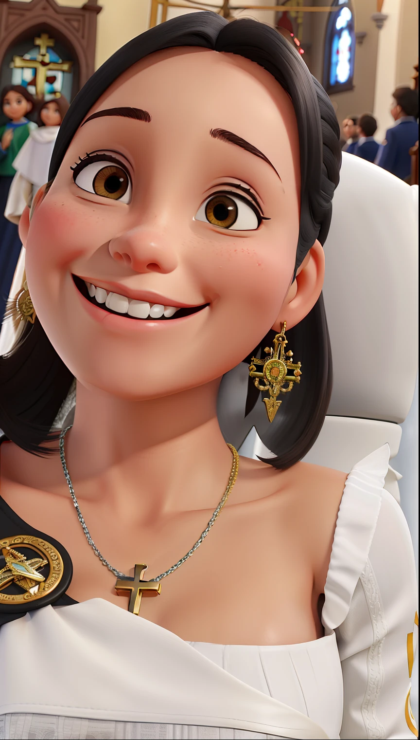 Uma mulher sorrindo, cabelos pretos e olhos c castanhos, Background: A Catholic Church