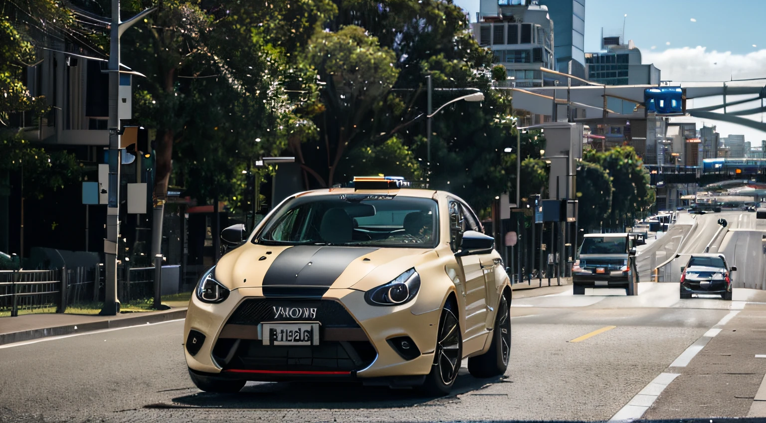 a hyper realistic photography of a car driving in Melbourne, no people, Nikon D850 DSLR 4k camera, 100mm lens, F 1.2 aperture setting, bright and natural lighting, vibrant, fun and relaxing atmosphere