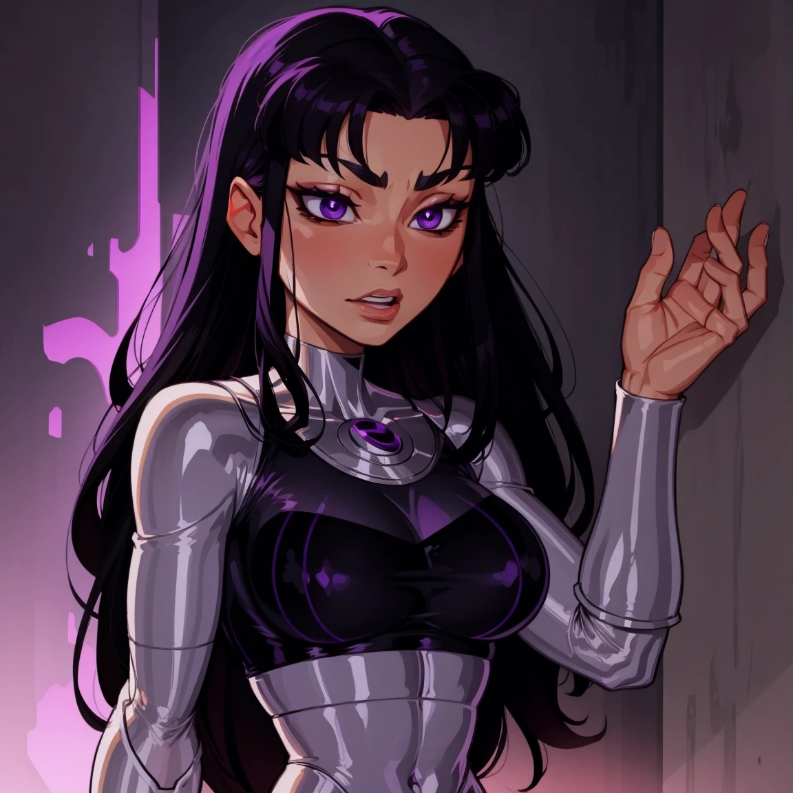 blackfire, dark purple eyes, black hair, purple pupils