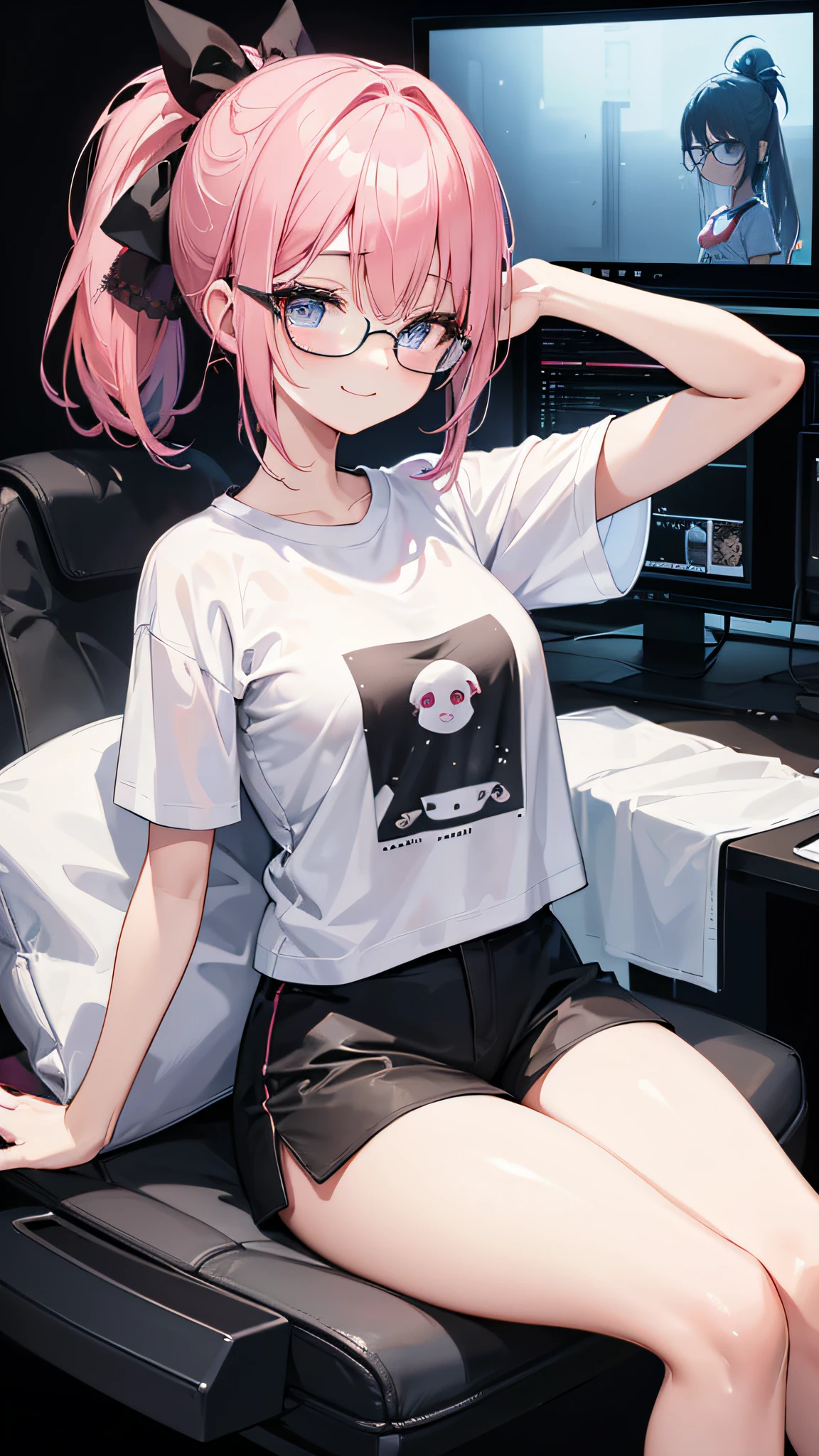 Ultra-detailed, Bright face, top-quality,An unparalleled masterpiece,Super exciting,Unified 8K,extremely clear,Very sophisticated,animesque,2D Photography、portrait of a full body、japanaese girl、a baby face、Pink hair、Short ponytail、Hair Ribbon、drooing eyes、blue eyes、long eyelashes、tthin eyebrows、Beautiful breasts、White Short Sleeve Printed T-Shirt、Black Hot Pants、bare-legged、Large Gaming Monitor Background、Gaming Chair、Are sleeping、up chest、Smiling smile、closes mouth、Emphasis on the thighs、Black Frameless Glasses、reclined、Bright room background、View Viewer