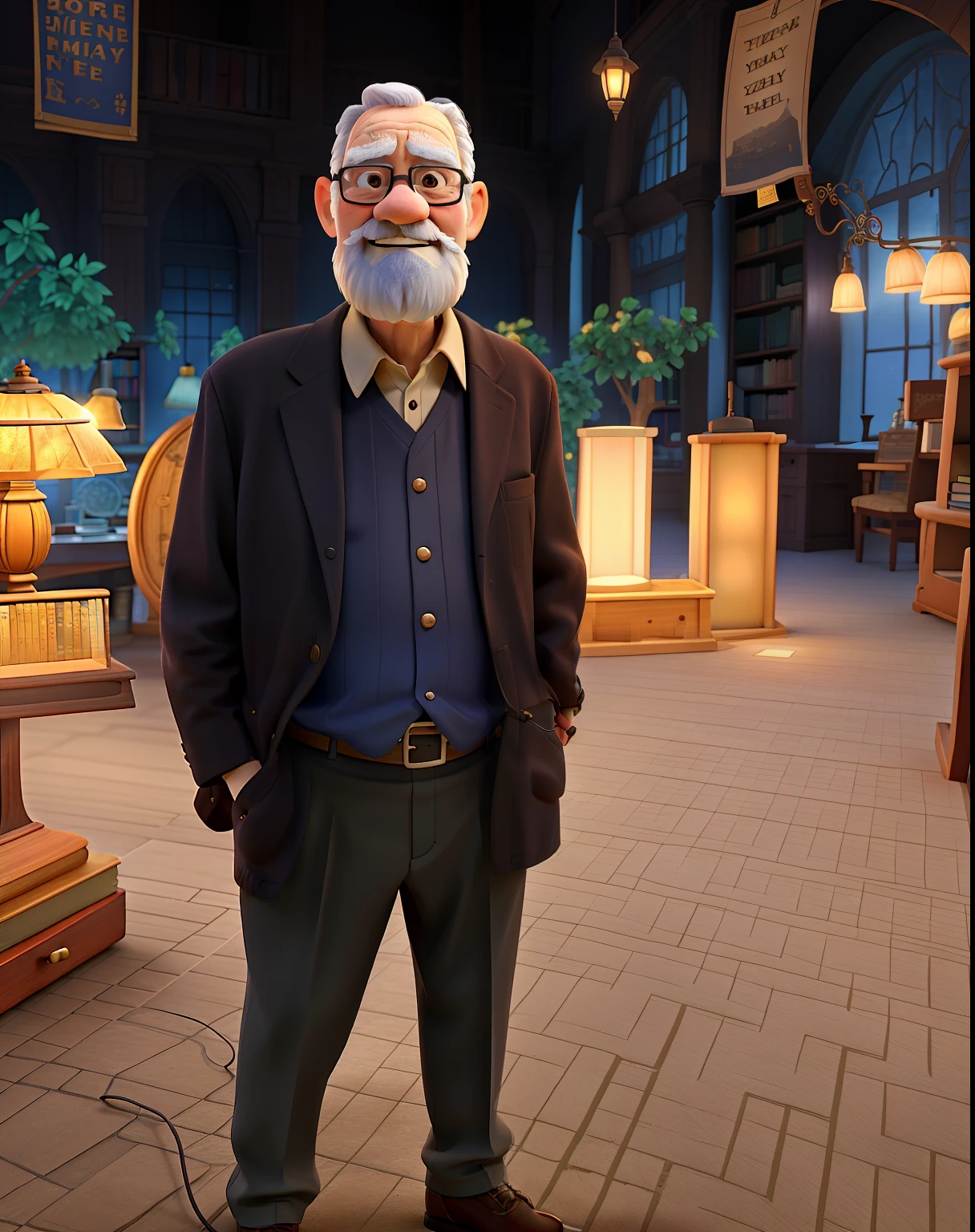 A wise old man standing in front, illuminated by the light of a lamp, against the backdrop of a library