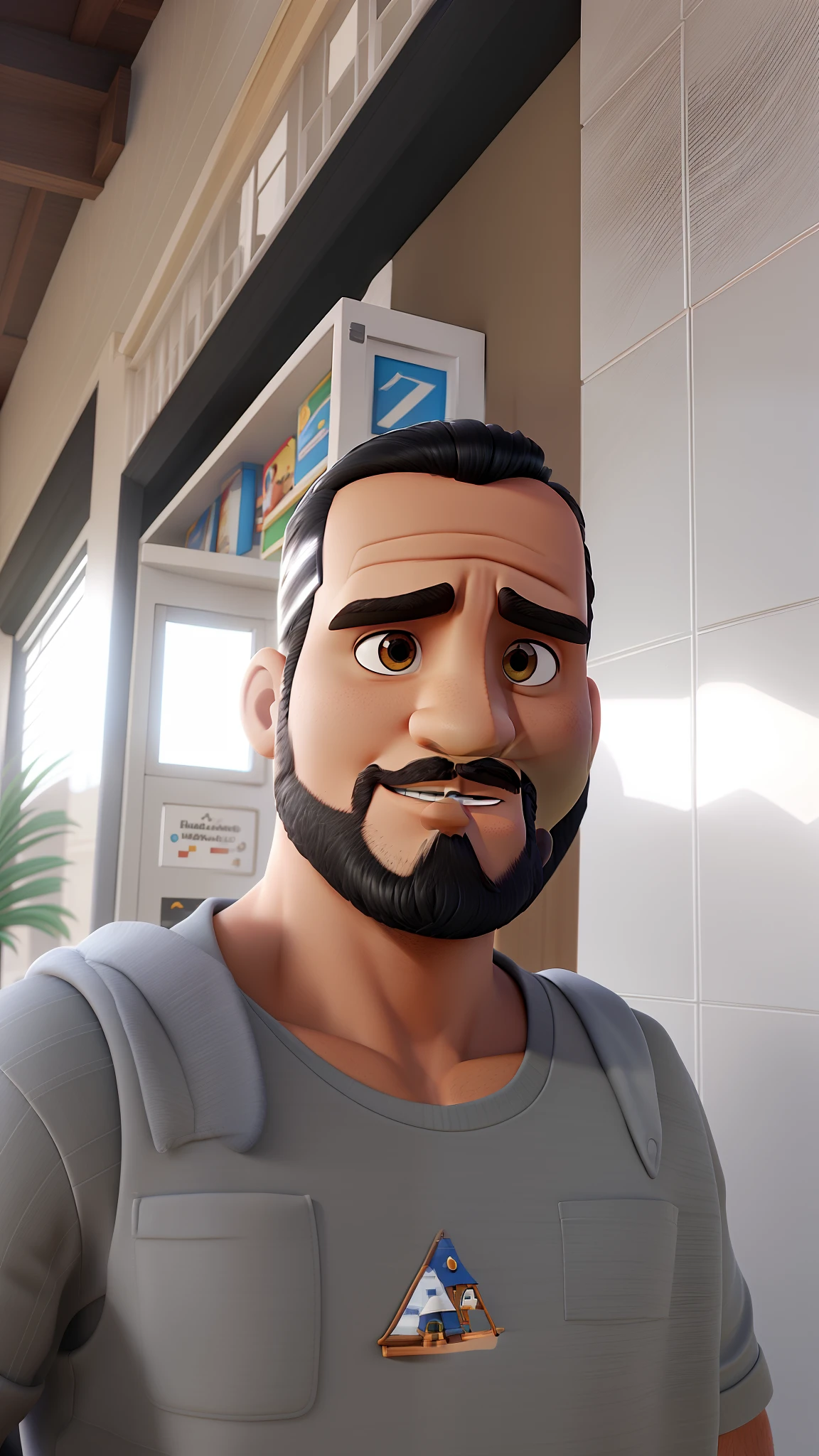 Homem branco cabelo preto curto, cavanhaque preto, olhos castanhos, Home Scenery, estilo mundo pixar, alta qualidade, 3D 4K