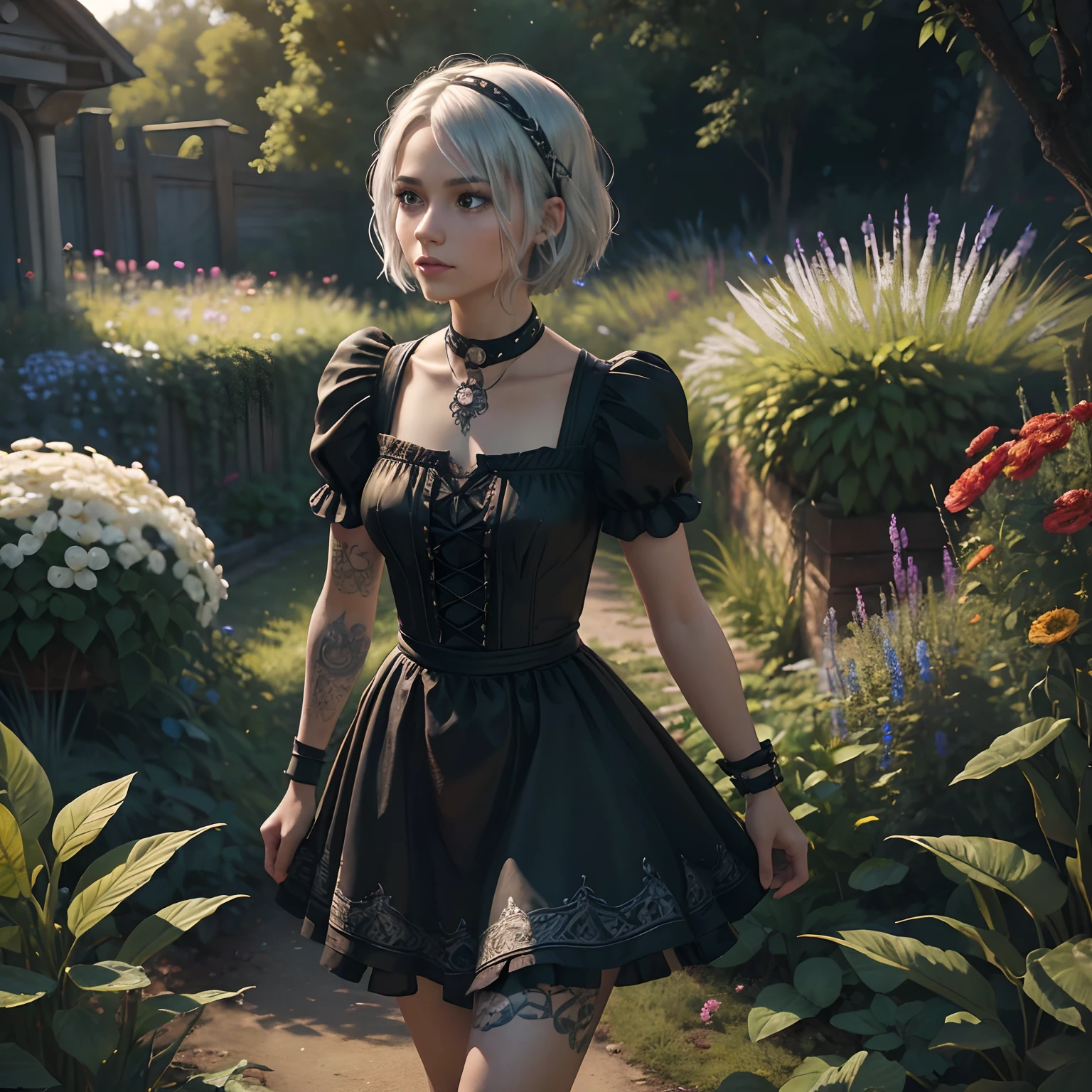 A girl with beautiful detailed silver hair, wearing a black dress, ((Short hair)) , ALL star sneakers, and board pointer cord around her neck. She has Dante's Inferno tattooed on her chest and wears skull armbands. The artwork is medium: oil painting. The scene is a garden, with vibrant flowers and lush greenery. The lighting is soft and natural, with a warm color tone. The image quality is (best quality, 4k, 8k, highres, masterpiece:1.2), ultra-detailed, and (realistic, photorealistic, photo-realistic:1.37). The overall style is a mix of fantasy and realism, incorporating elements of surrealism. The colors are vivid and vibrant, with a slight vintage aesthetic. The composition is dynamic, showcasing the girl confidently posing in the garden, with a sense of mystery and allure, , goth, e-girl