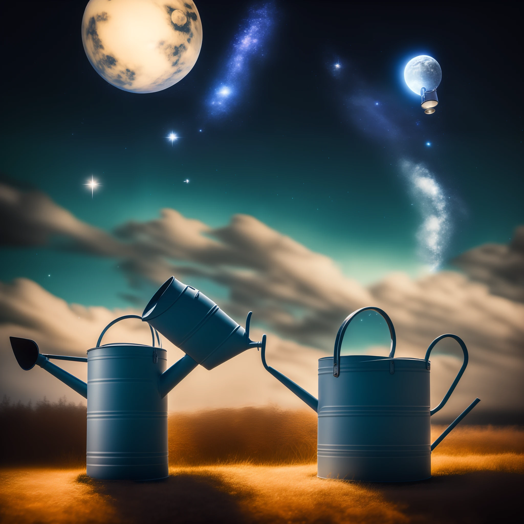 Watering can is flying in space。Pluto is visible below。A comet is flowing in the distance。
