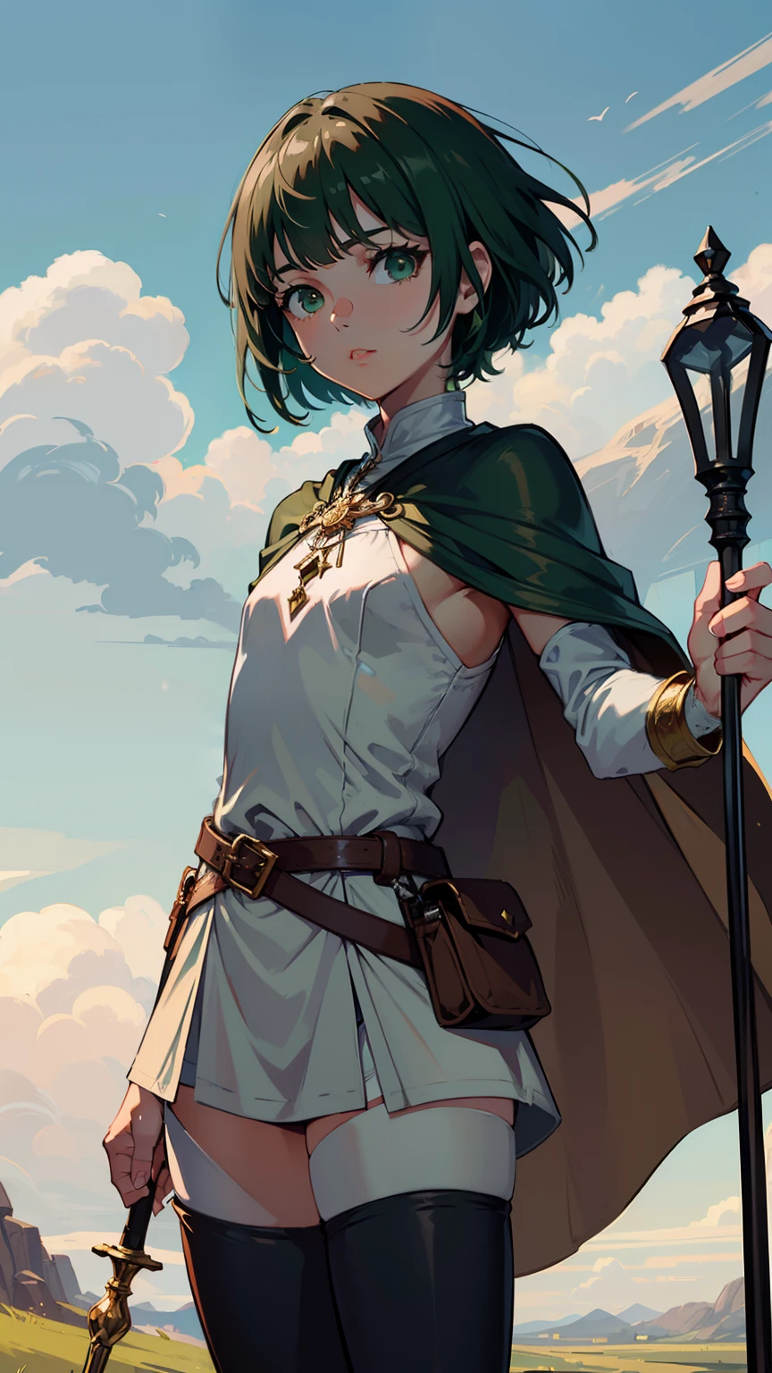 masterpiece, ultra detailed, 8k portrait, RAW photo, portrait photography, highly detailed face, beautiful and meticulous eyes, ((Fantasy)), Young beautiful, 15 years old, child, dynamic pose, (((short deep green bobbed hair))), blunt bangs, White skin color, Luxury, (((tunic and short pants))), (((brown cape))), (((little waist hip pouch))), (((dark thigh high tights))), high cut leather boots, ((holding long magical staff)), Midday Sun, hyper realistic, slender body, flat chest, Long legs, on the medieval road, Ambient lighting, Shadow details , Camera focus on face, strong breeze, Light fog