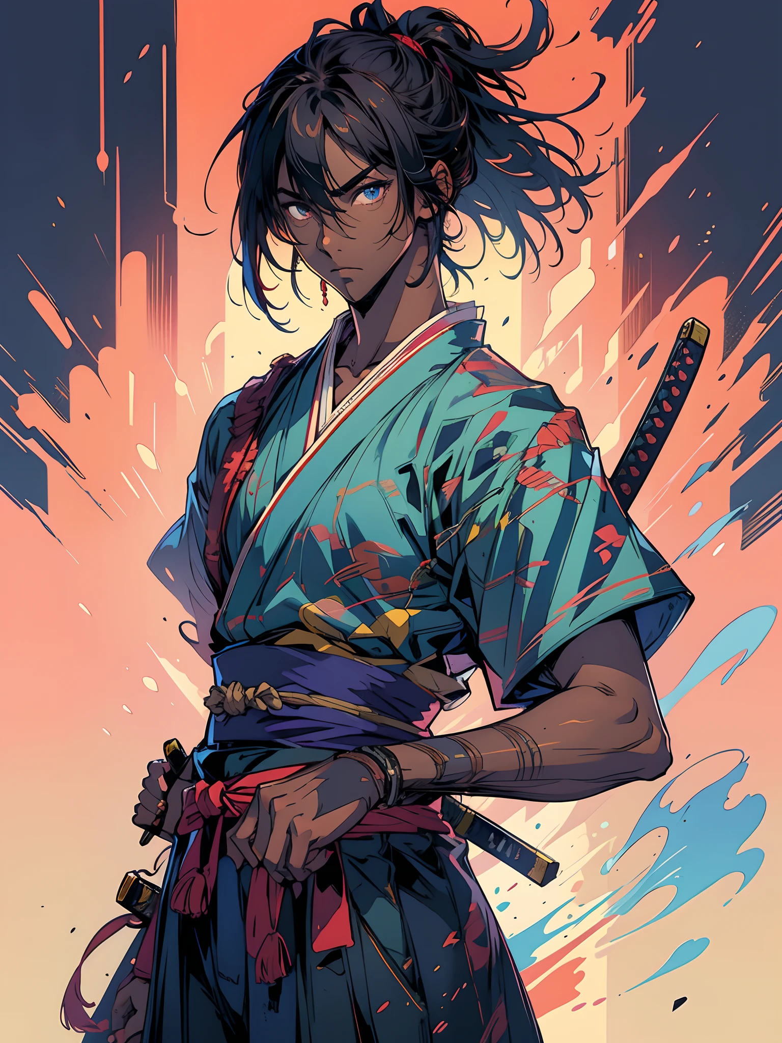 best quality, masterpiece, 1boy, mature male, dark skin, medium hair, samurai, blue haori, holding a katana, simple background