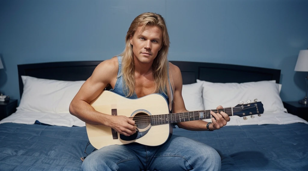 Une photo de Dieter Bohlen, en 1987, à partir de Blue System, Asseyez-vous sur un très grand lit, seul, avec sa guitare, un vêtement en jean bleu, Vue de loin, cheveux blonds mi-longs de 1987, des yeux parfait