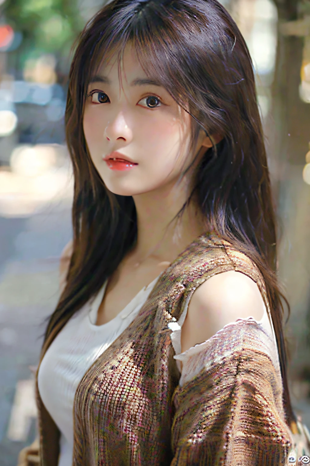 A Japan woman about 25 years old、It is drawn in the style of live-action painting。She has a brown semi-long hairstyle、Permed。The color of the eyes is brown.、The face and eyes are facing forward。She has big breasts of H cup、I'm wearing a sweater。The image shows her upper body。