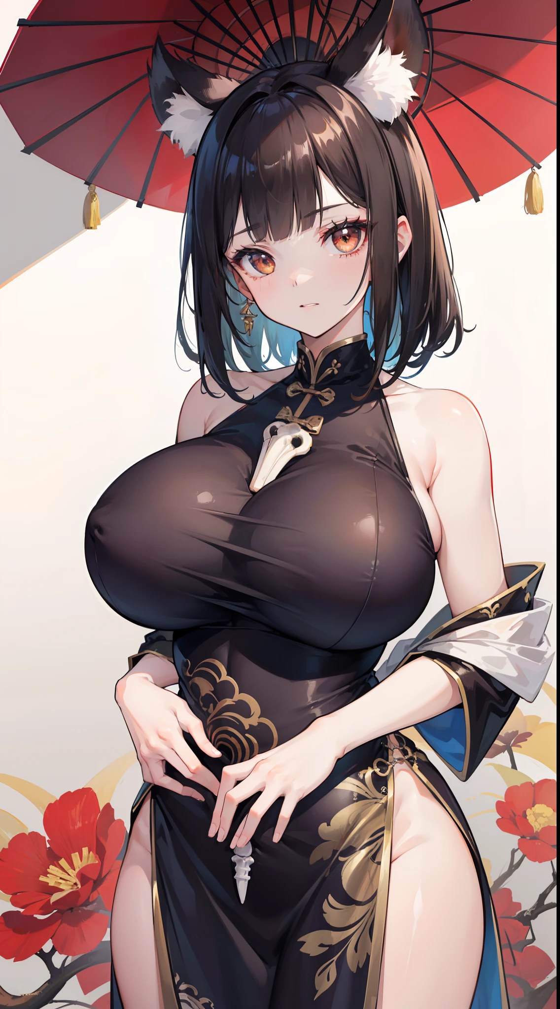 Girl,full bodyesbian,(Detailed face:1.2), Masterpiece, Fashion,Chinese dress,, Medium hair, Black hair, double tails, Blunt bangs, Brown eyes,(huge tit:1.2)，(Pubic bone:1.3)