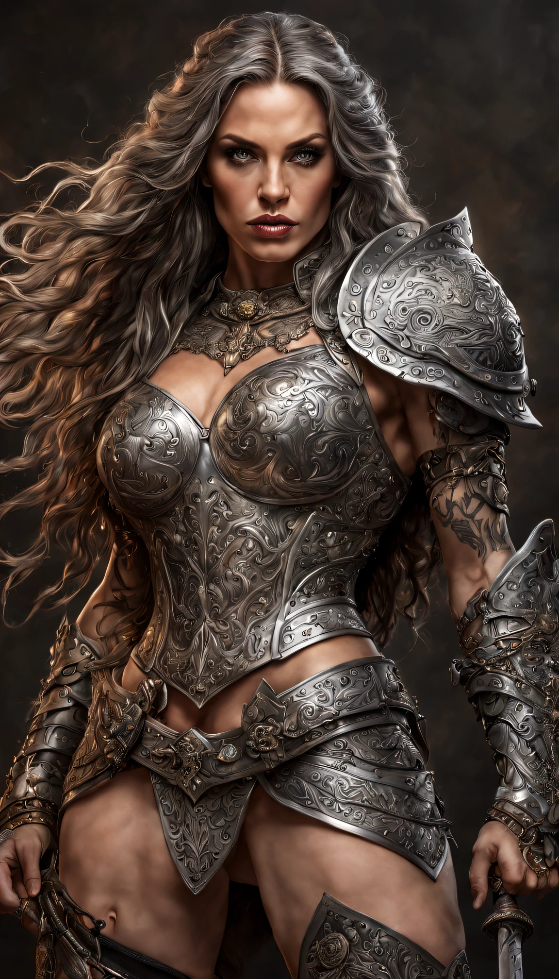 (Ultra High Definition),(intricate details, hyperdetailed:1.15),mature female warrior, lust, nsfw .(gringer , tattooed),breastplate , gauntlet,( long hair, lips, grey eyes), Stands boldly in a fighting stance, , Art by Dusan Markovic, highly detailed swords, highly detailed magic, highly detailed faces,