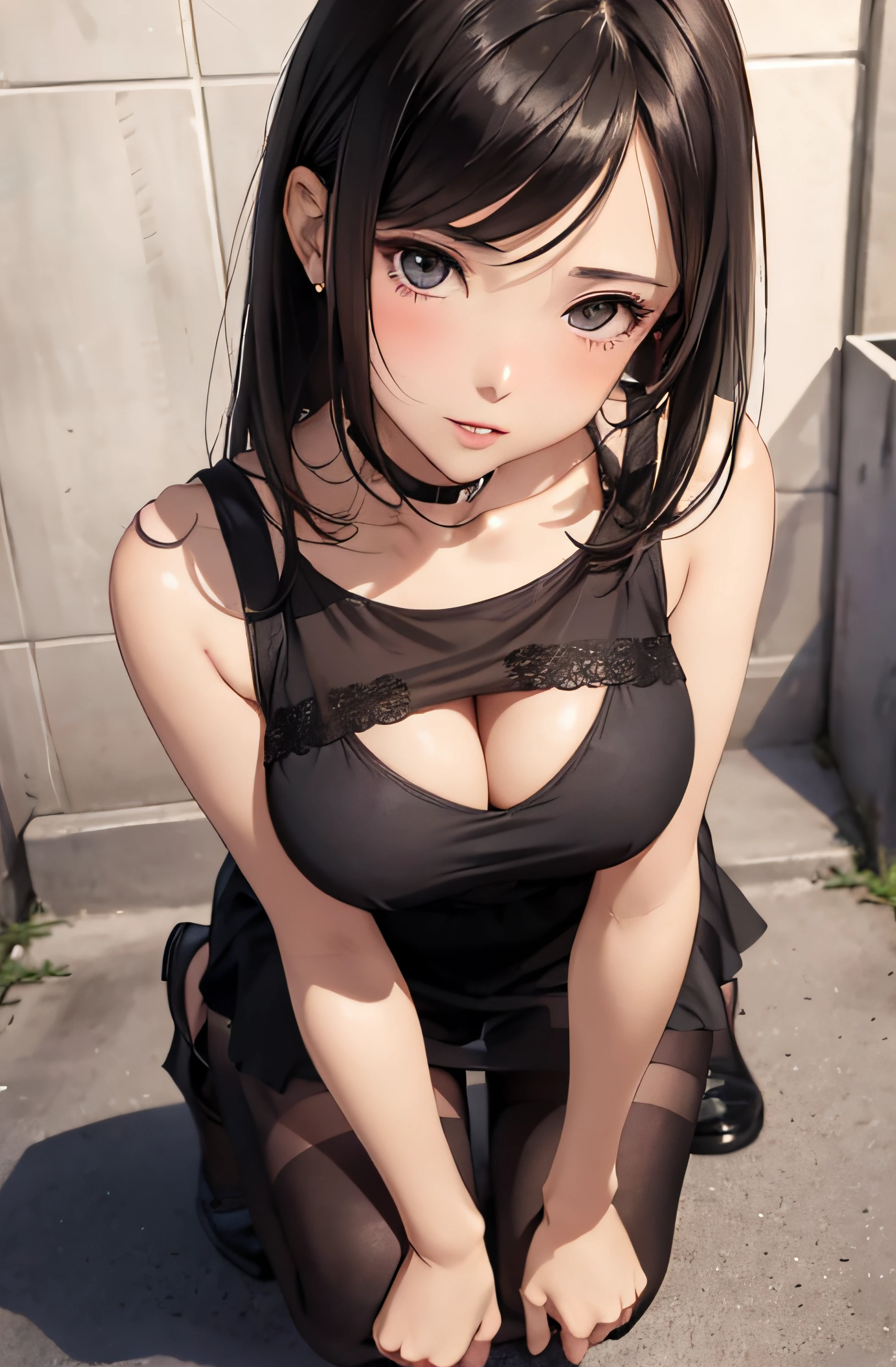 girl in summer clothes, casual dress, pantyhose or long stockings, making as if she wants to kiss you, (girl bending down looking at the camera), medium breasts, cleavage, random background, flirtatious look, ((very detailed)), (perfectly detailed face), (well detailed hand) photorealistic image.