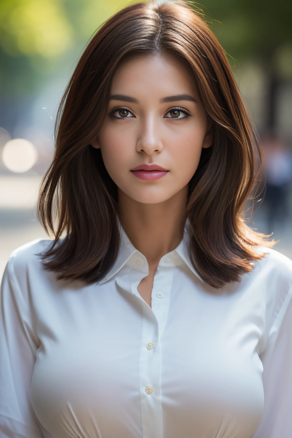 ((Best quality, 8K, Masterpiece :1.3)), Sharp focus :1.2, perfect figure beautiful woman:1.4, Slim abs:1.2, ((dark brown  hair, huge :1.2)), White collared shirt，Not exposed，(Natural light, the city street:1.1), Highly detailed facial and skin texture，A detailed eye，二重まぶた