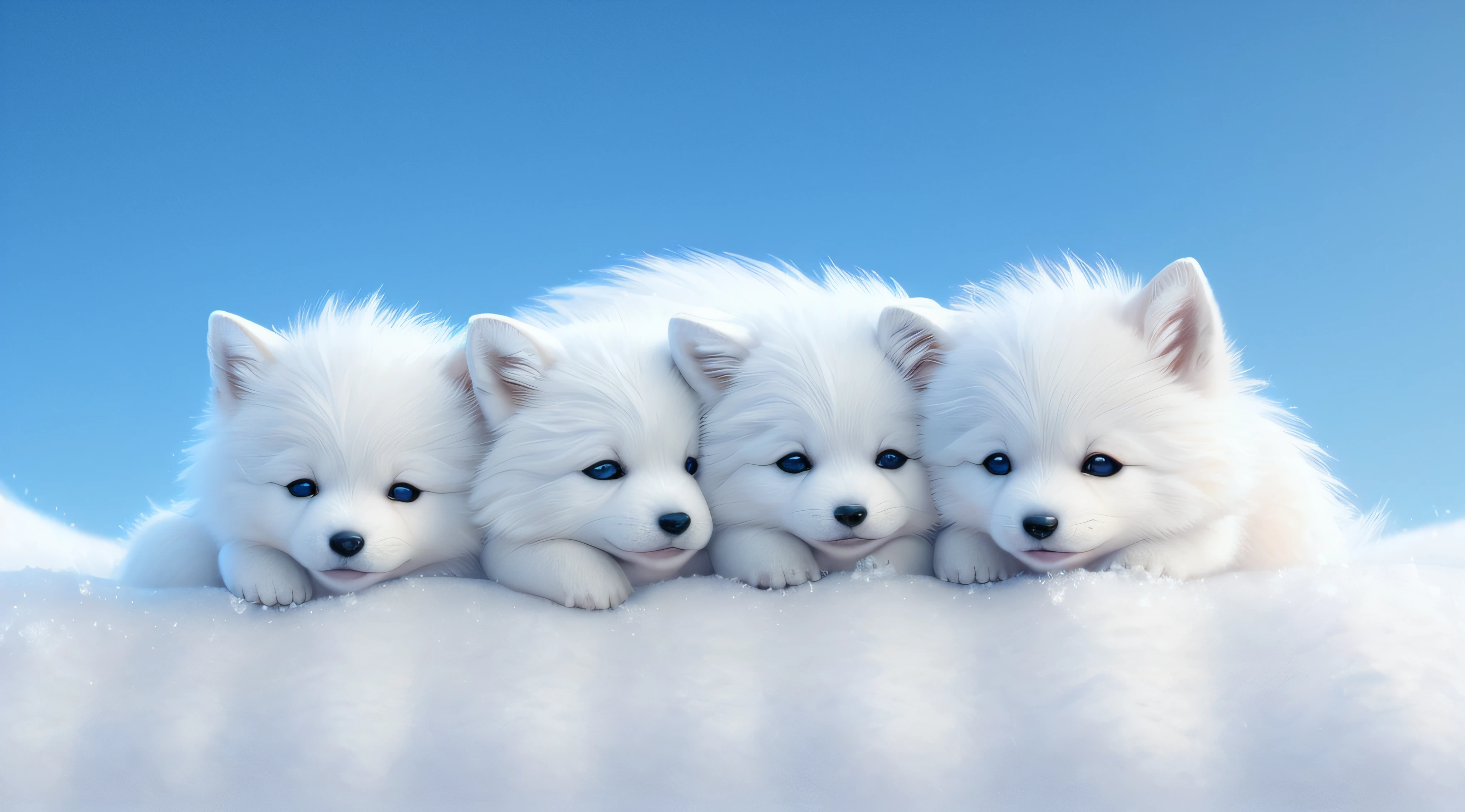 three white dogs are sleeping on a snow covered hill, sleepy, cute animal, highly detailed photo of happy, dream animal cute eyes, cute 3 d render, white fox, white fur, puppies, fluffy white fur, samoyed dog, snowy, with white fluffy fur, beautiful cute, cute animals, adorable digital painting, arctic, cuteness, cute beautiful, cute digital art