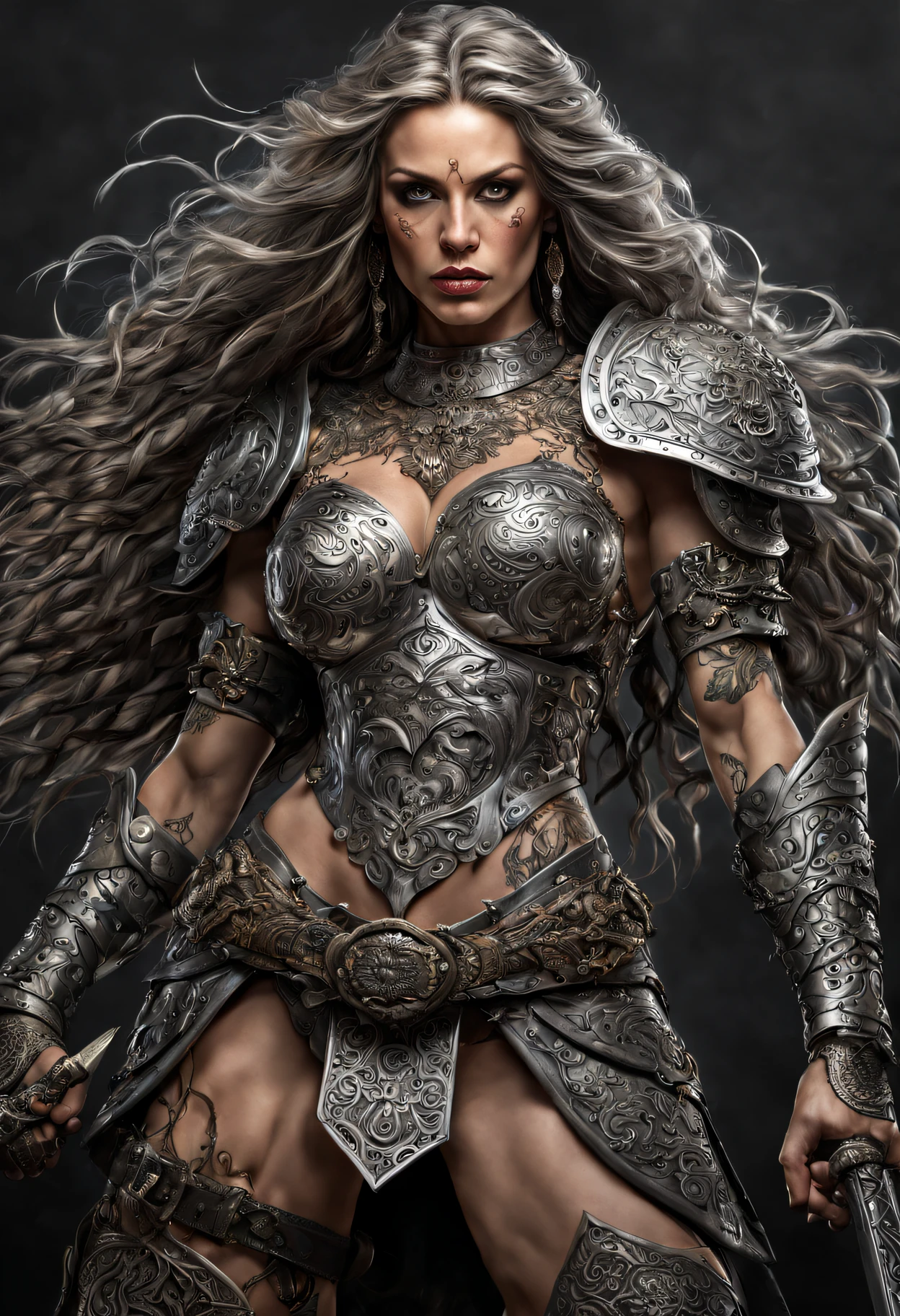 (Ultra High Definition),(intricate details, hyperdetailed:1.15),mature female warrior, lust, nsfw .(gringer , tattooed),breastplate , gauntlet,(very long hair, lips, grey eyes), With intricate weapons, Stands boldly in a fighting stance, , , Art by Dusan Markovic, highly detailed swords, highly detailed magic, highly detailed faces,