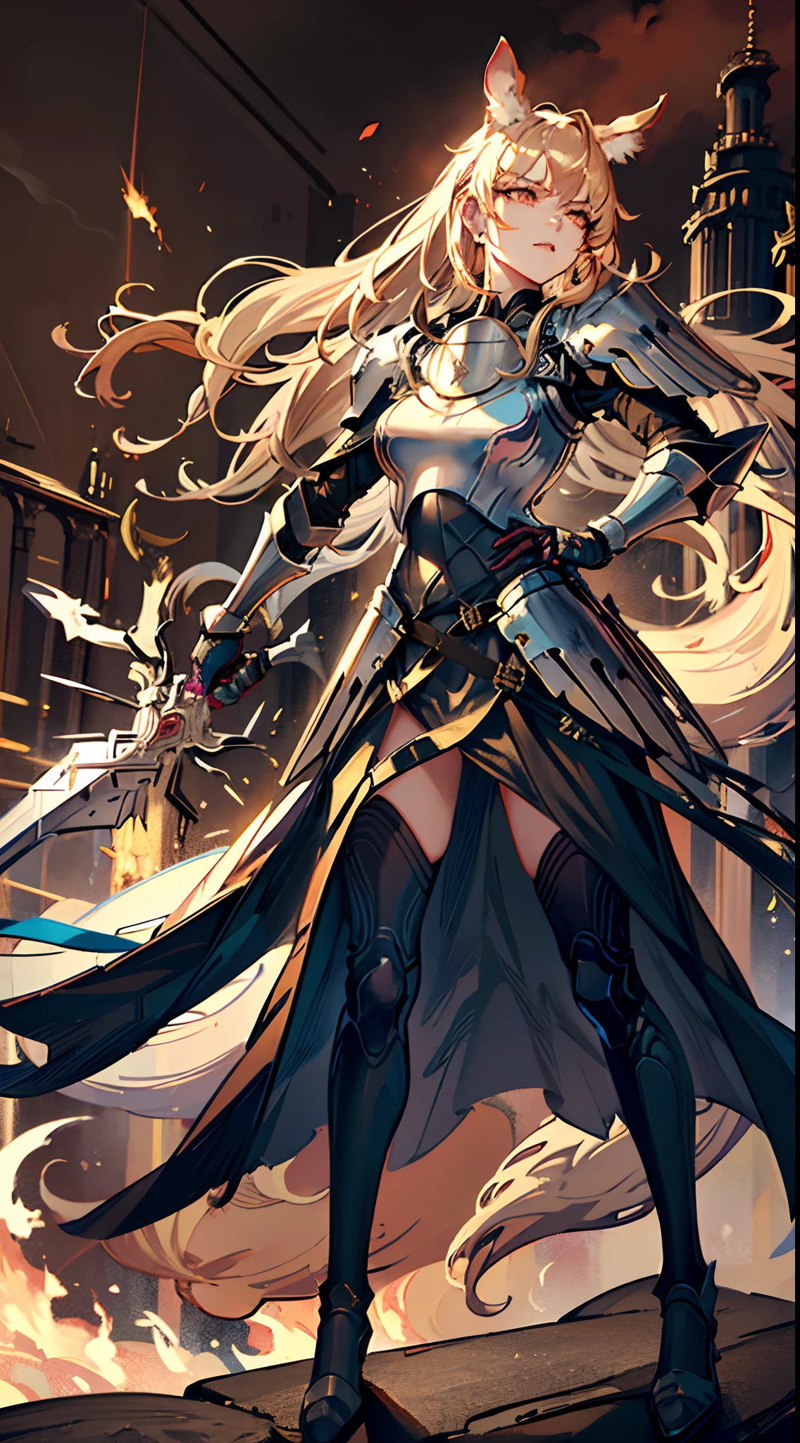 (best quality, high-res), ultra-detailed, realistic, dragon knight, potrait, red-haired girl with long flowing hair, large breasts, wearing armor, holding a long spear, standing from head to toe, against a fiery background, vibrant colors, dramatic lighting, intricate armor details, intense expression, fierce and determined eyes, delicately painted features, capturing the strength and beauty of the girl, showcasing her heroic qualities and her connection with the mythical dragon, dynamic pose, strong and confident stance, highlighting her warrior-like demeanor, epic and awe-inspiring scene