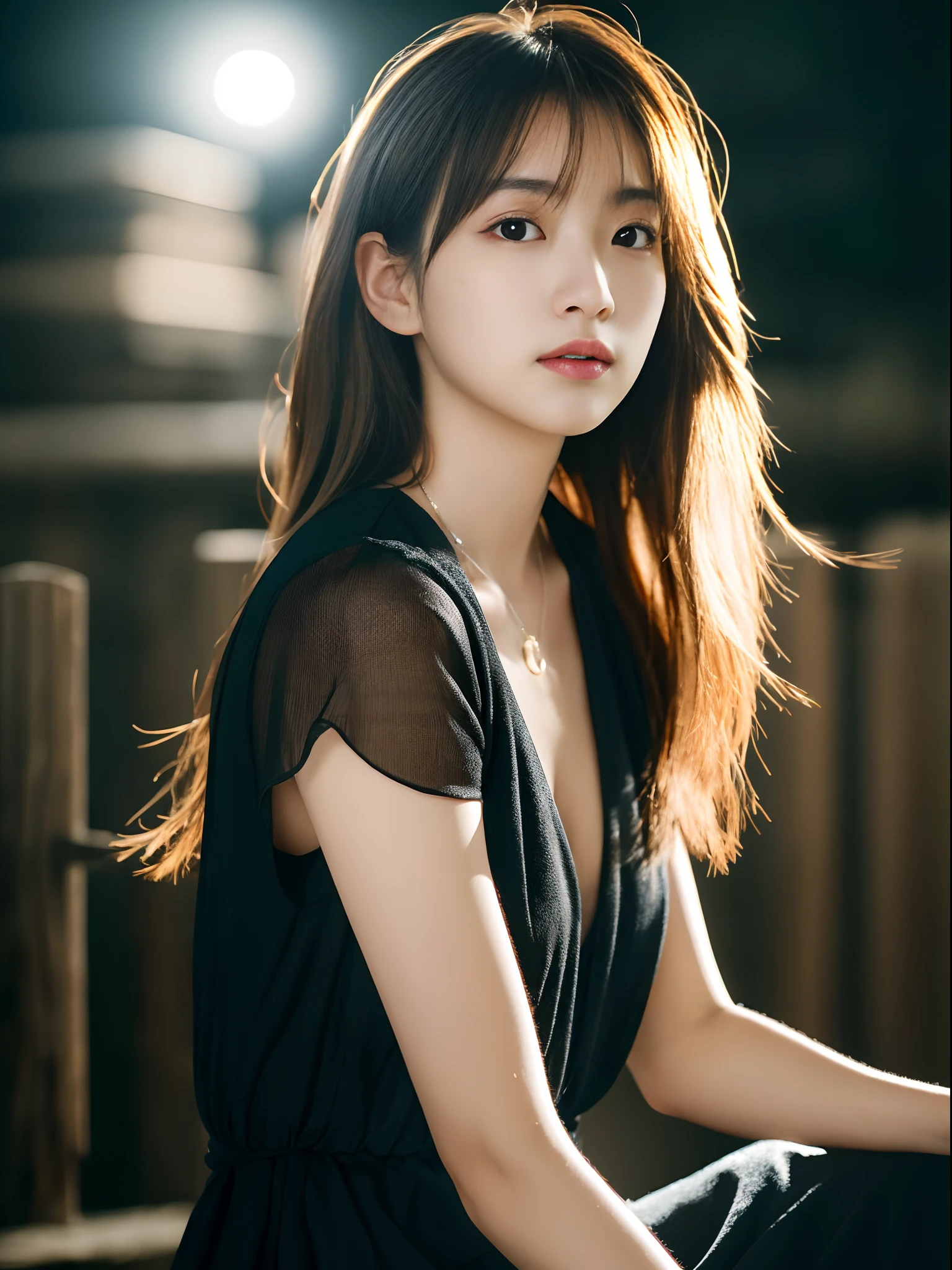 Best Quality, masutepiece, 超A high resolution, (Photorealistic:1.5), Raw photo, 1girl in, Fashionable dresses, In the Dark, deepshadow, lowkey, cold light, Sexy look, Light Brown Hair Highlight Hair, Long wavy hair