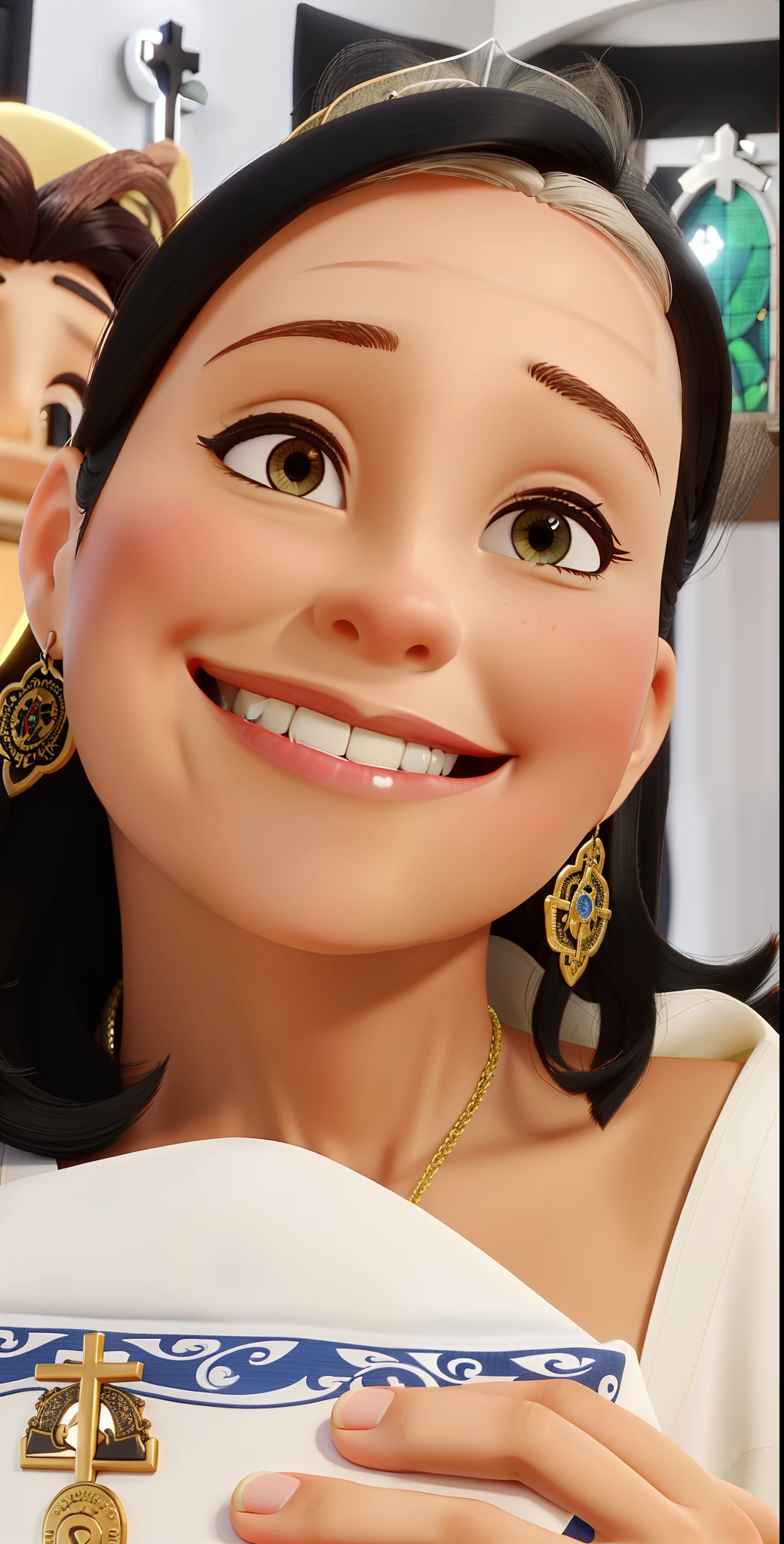 Mulher, cabelos pretos e olhos castanhos, sorrindo. Background: A Catholic Church